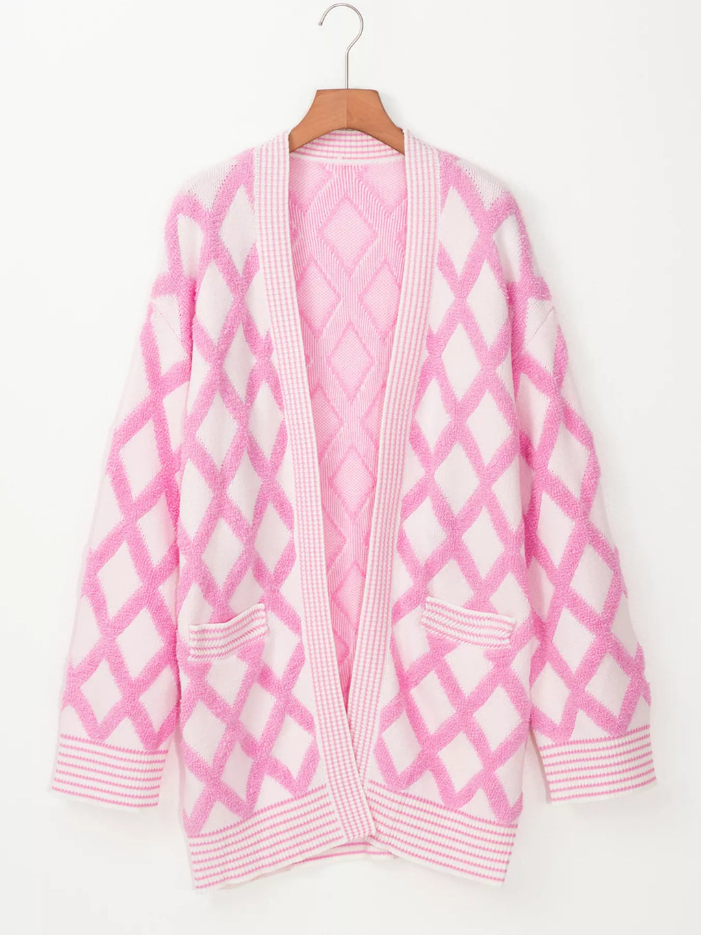 Rhombus Pattern Knit Open Front Pocketed Cardigans