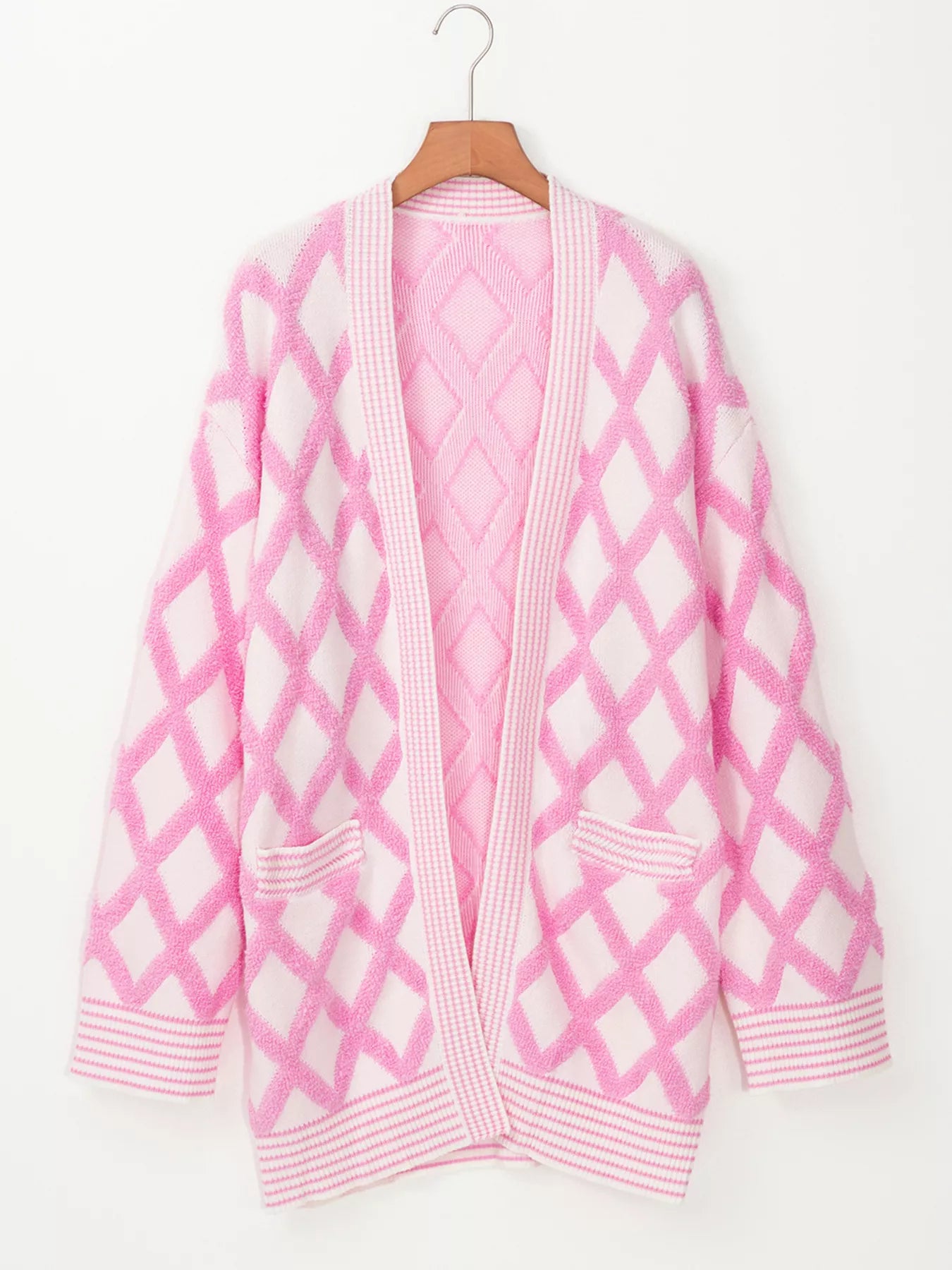Rhombus Pattern Knit Open Front Pocketed Cardigans