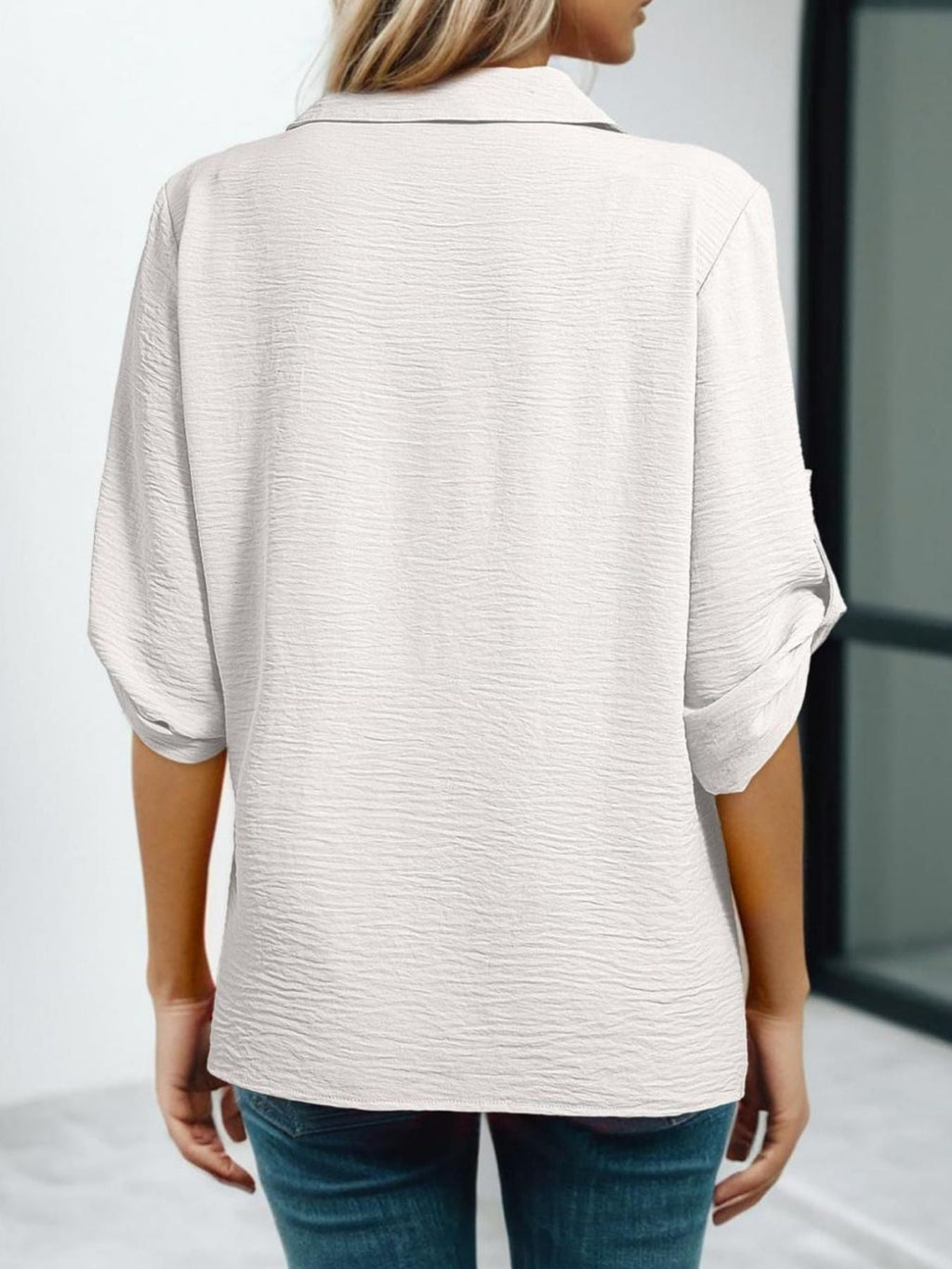 Johnny Collar Roll-Up Sleeve Blouse