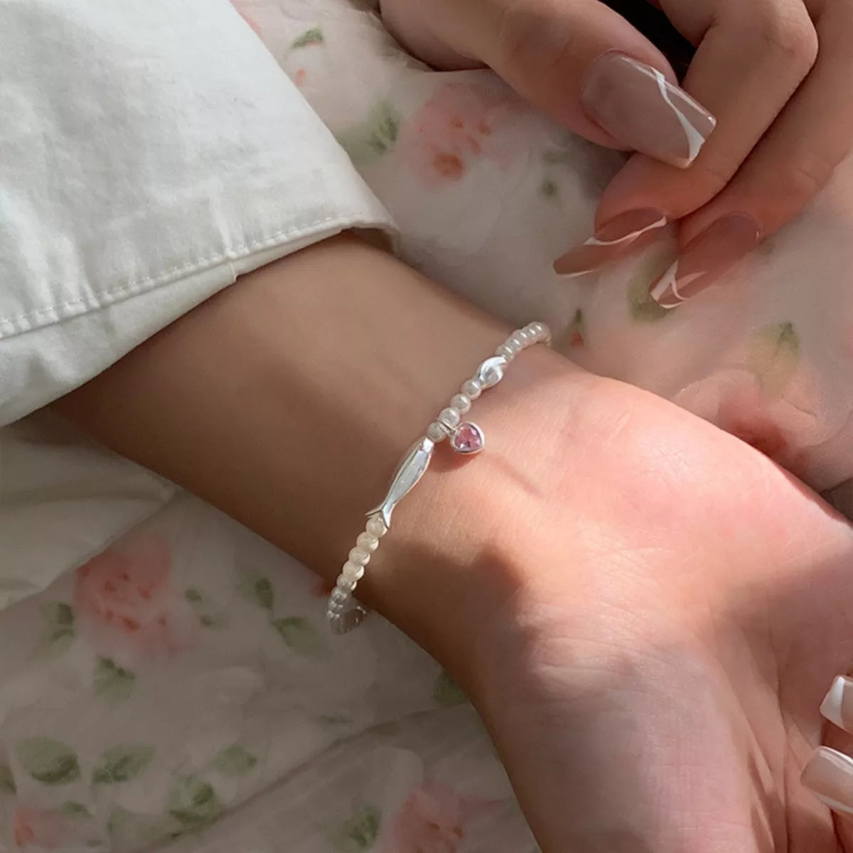Pearl Fish Bracelet with Heart Charm