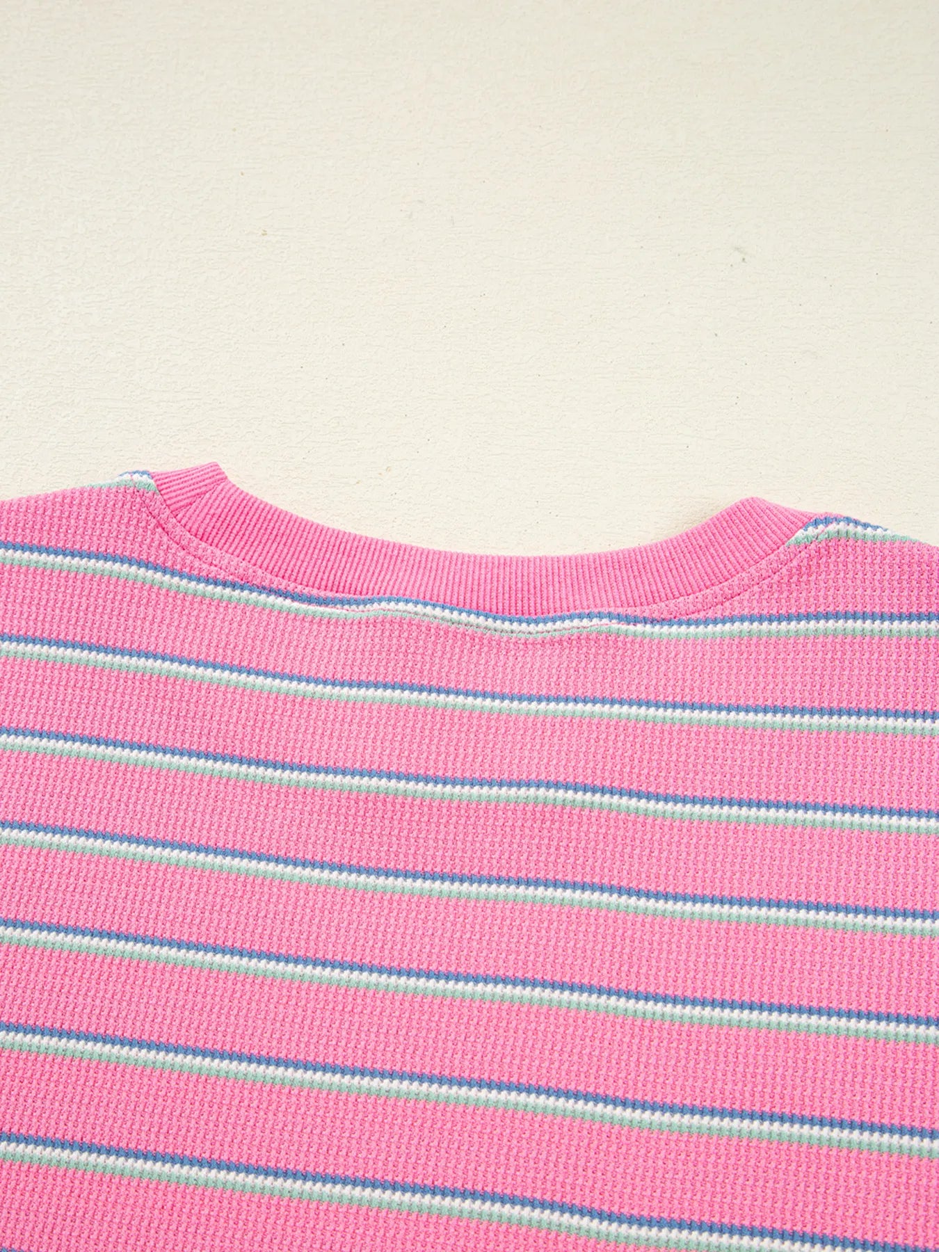 Stripe Textured Knit Round Neck Puff Sleeve Top