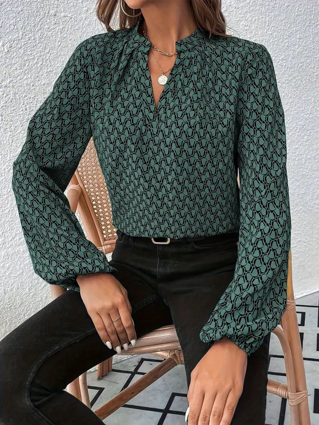 Printed Notched Balloon Sleeve Blouse