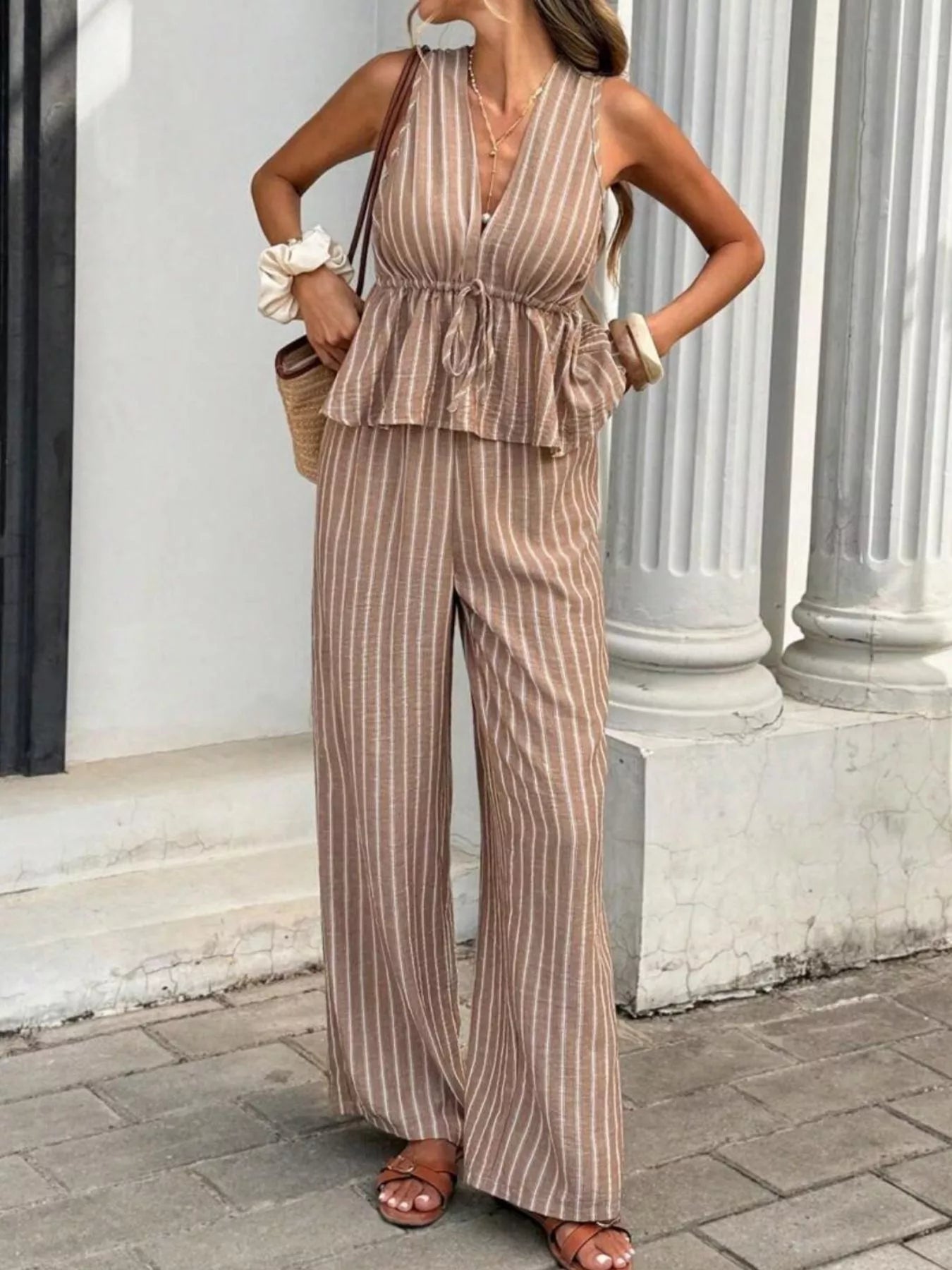 Striped Sleeveless Top and Wide Leg Pants Set