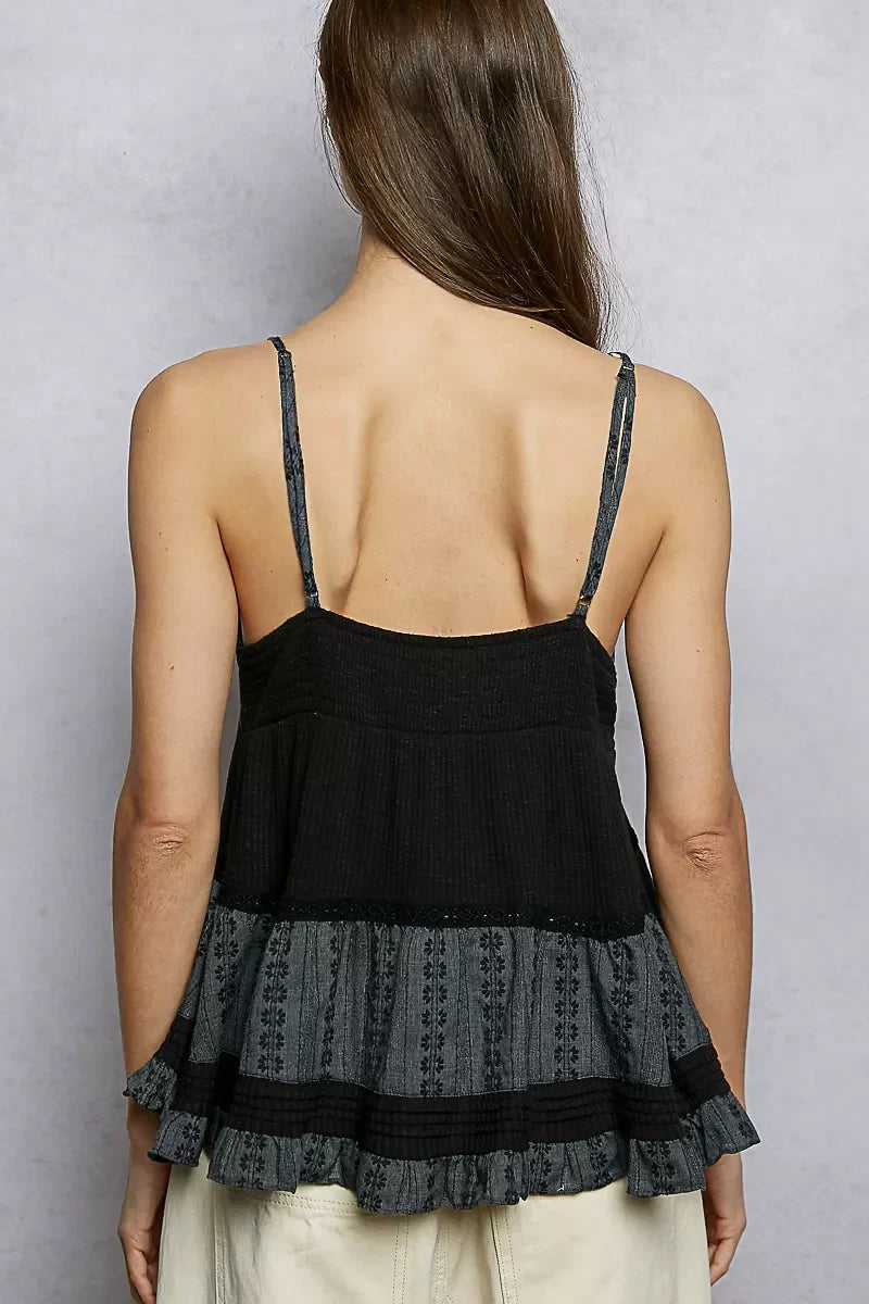 POL Button Front V-Neck Ruffled Cami with Pintuck Accents
