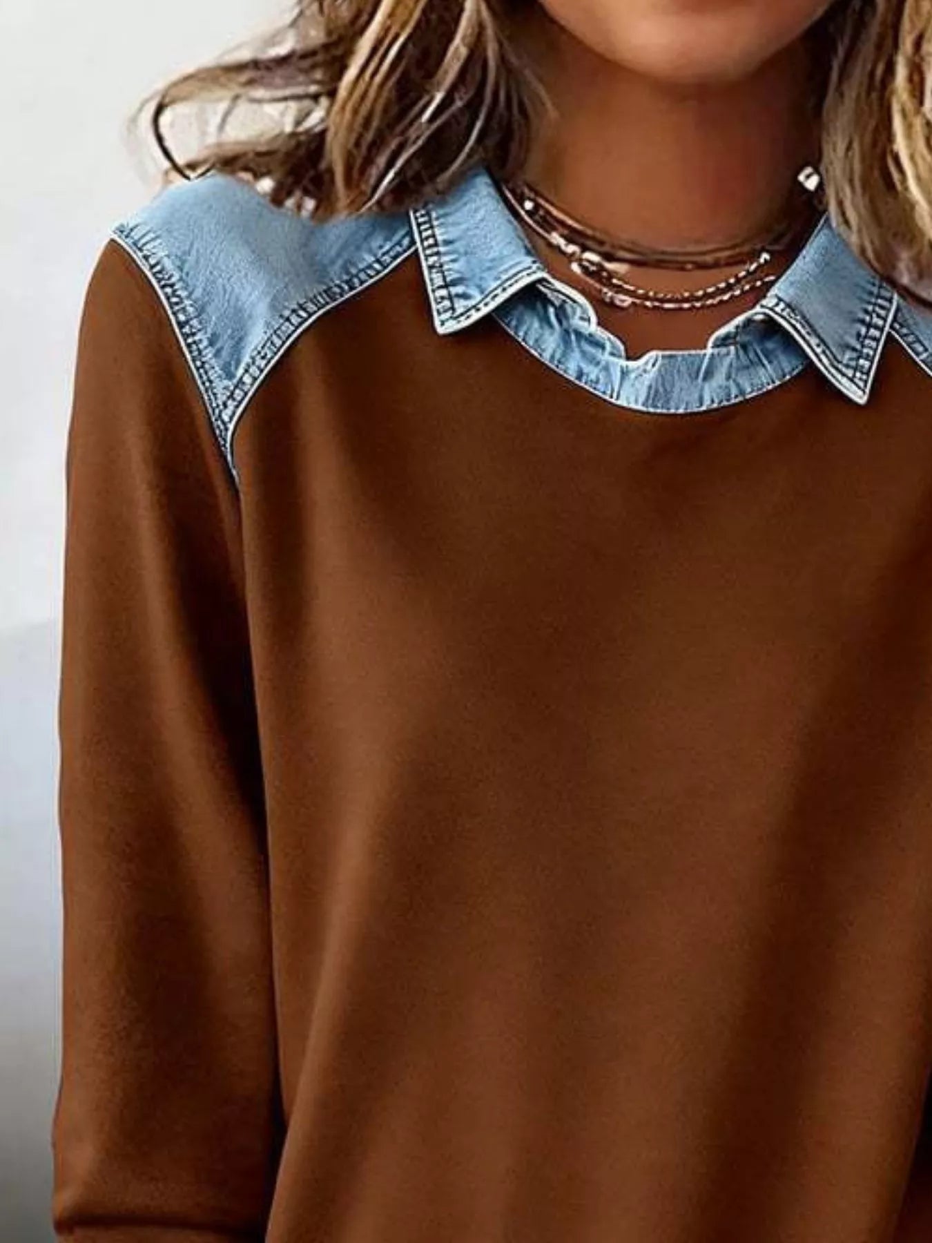 Full Size Denim Trim Long Sleeve Top Plus Size