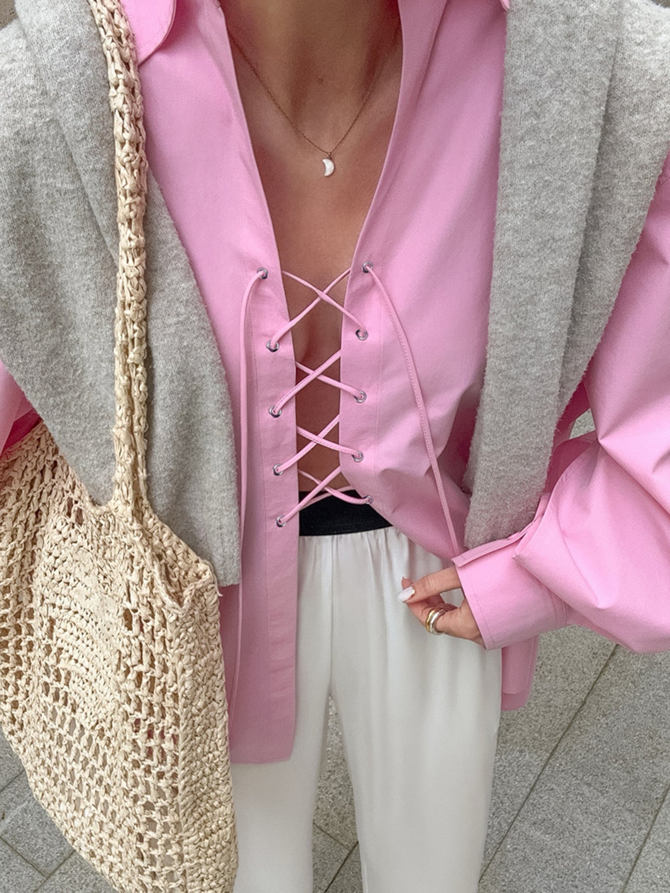 Lace-Up Front Oversized Shirt