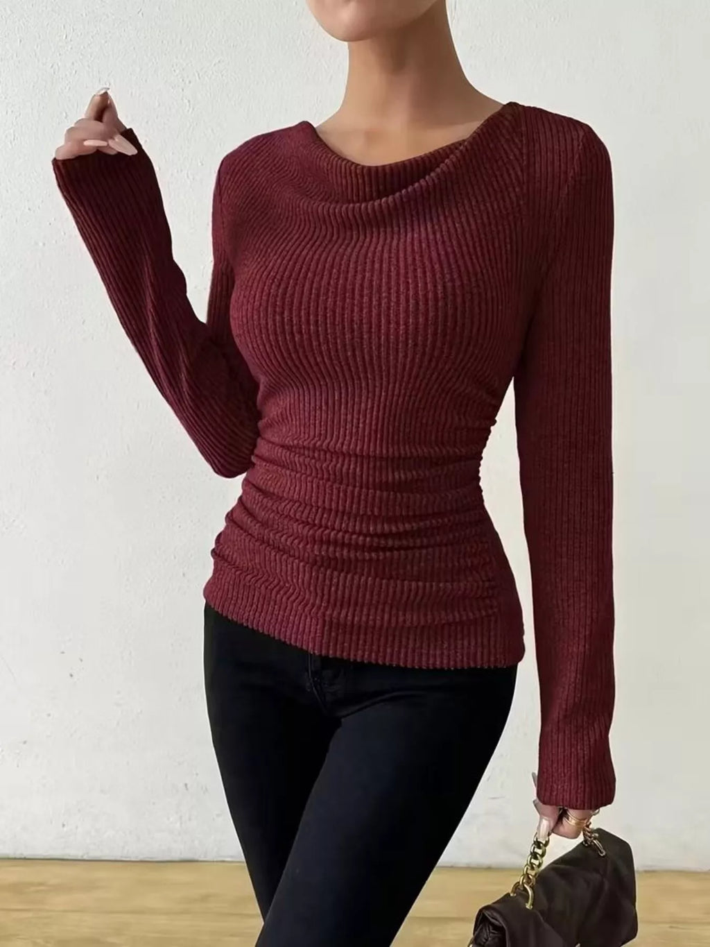 Cowl Neck Ribbed Knit Top