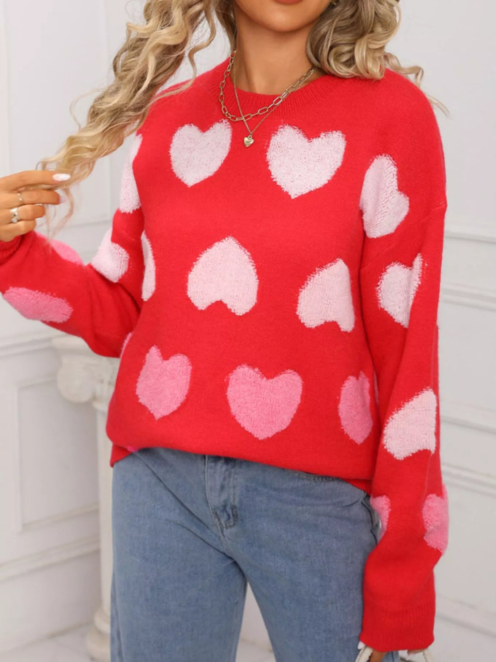Valentine's Day Heart Pattern Fuzzy Knit Sweater