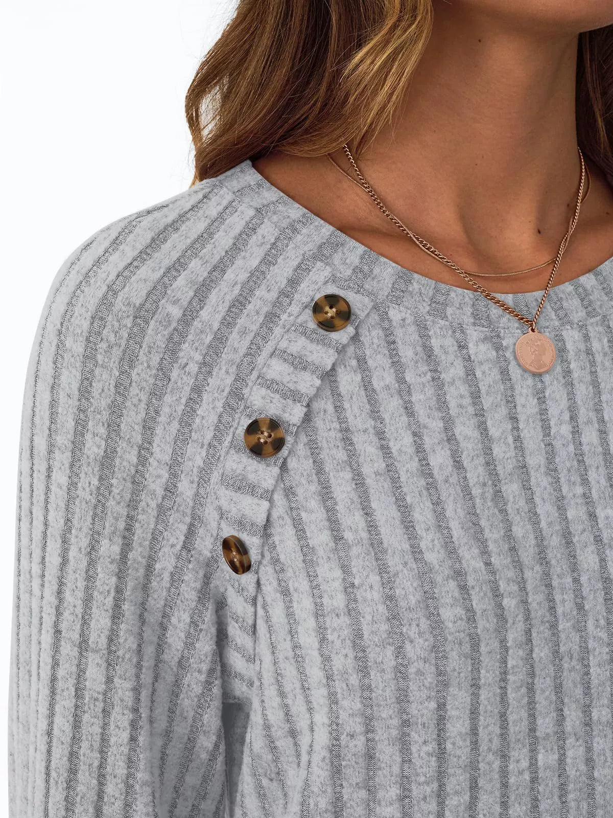 Ribbed Knit Decor Button Long Sleeve T-Shirt