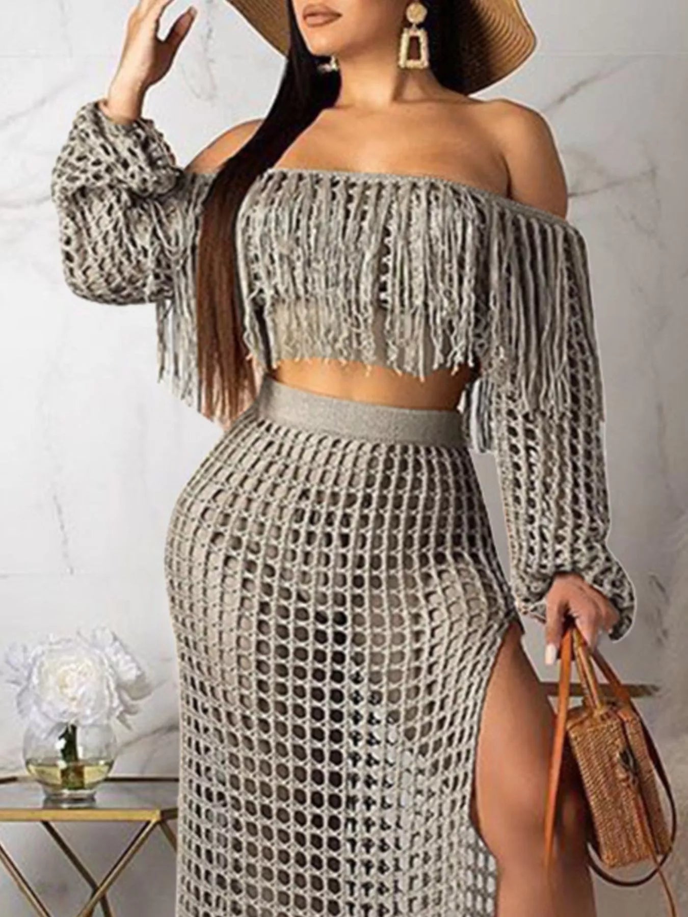 Full Size Crochet Off-Shoulder Fringe Top and Skirt Set Plus Size