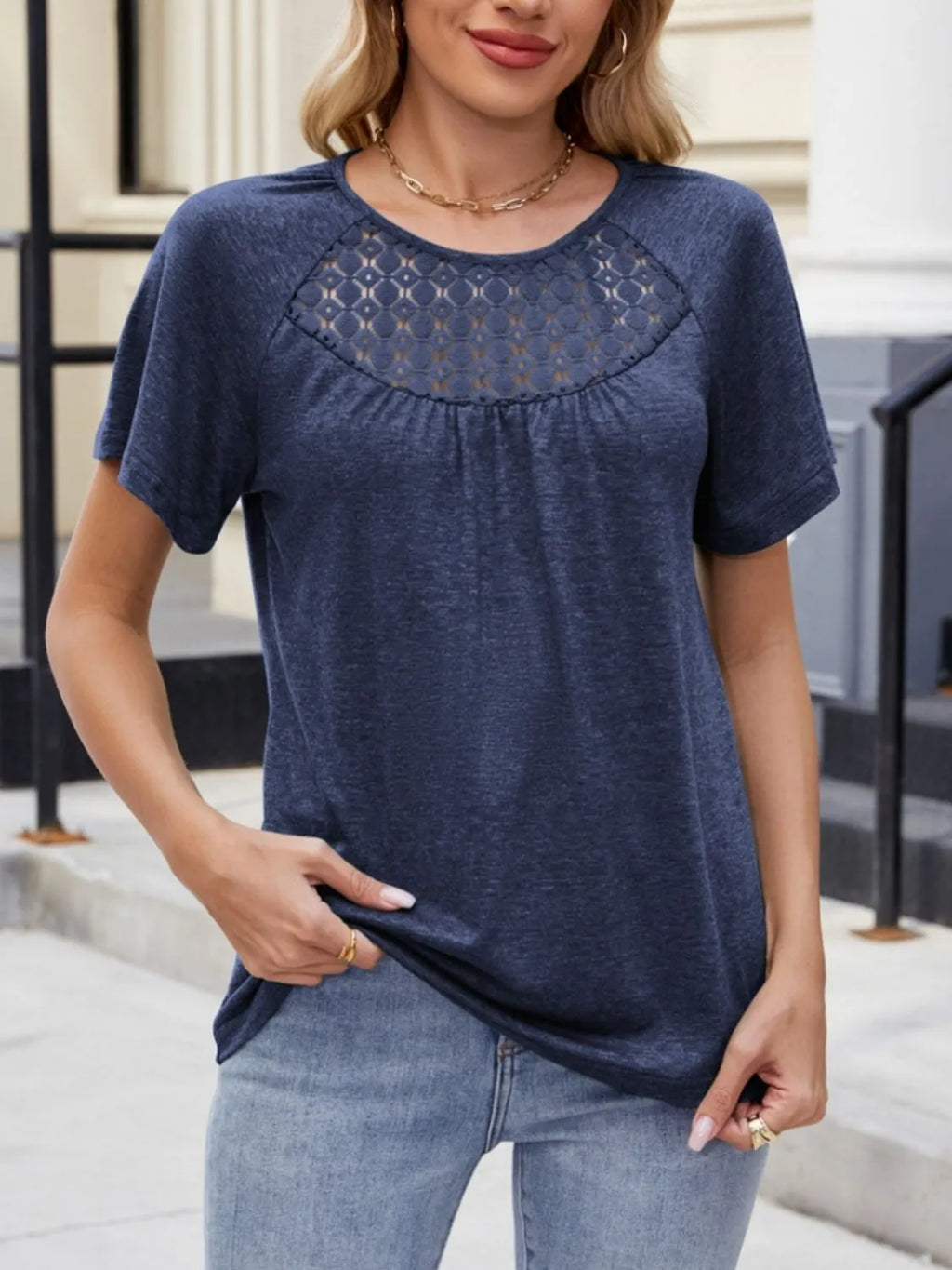 Lace Detail Round Neck Short Sleeve Blouse