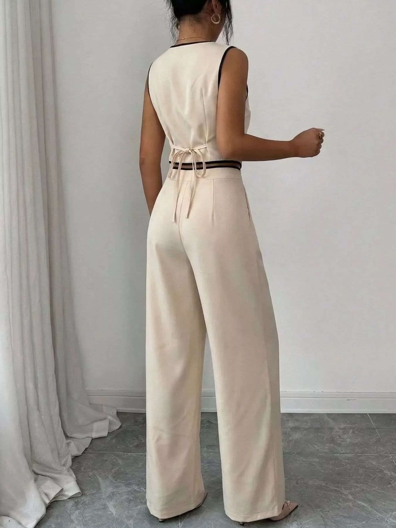 Contrast Trim Vest & Wide Leg Pants Set