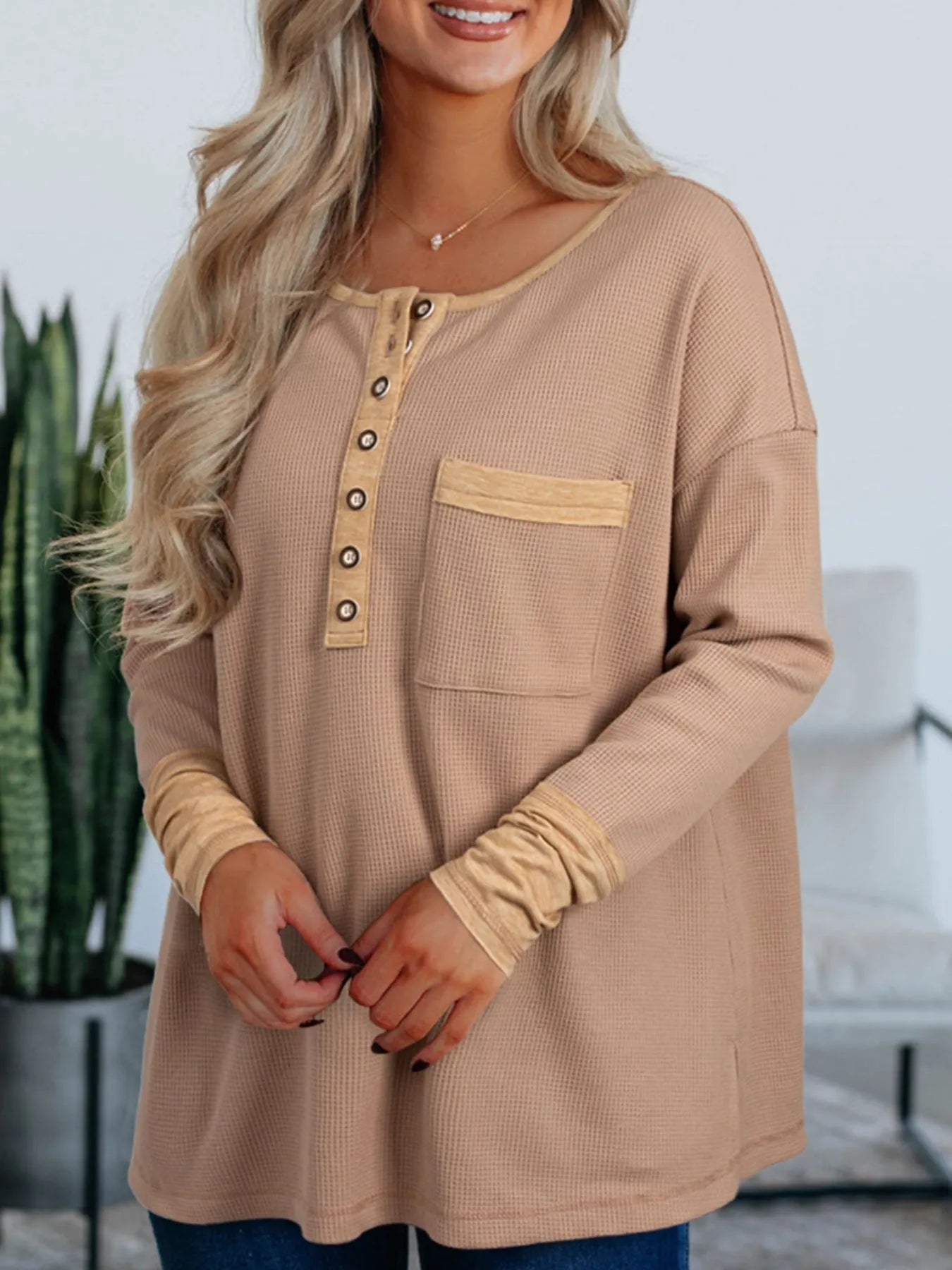 Waffle Textured Tunic Henley Top with Slits