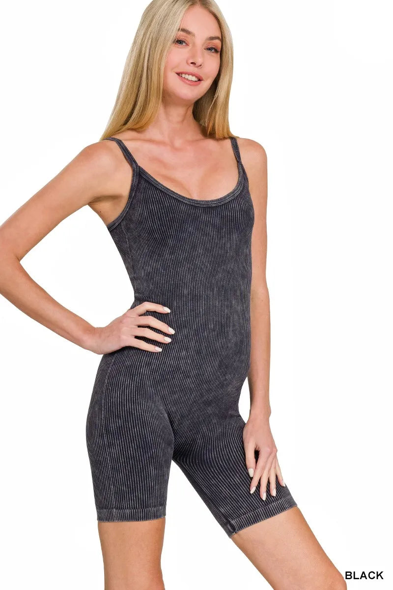 Zenana Stone Washed Ribbed Seamless Romper