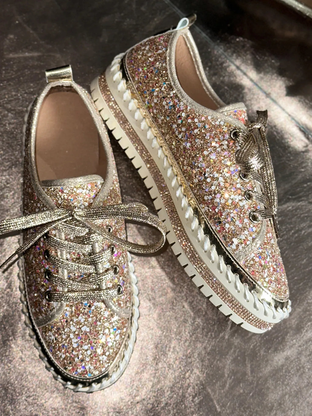 Metallic PU Leather Lace Up Platform Sneakers