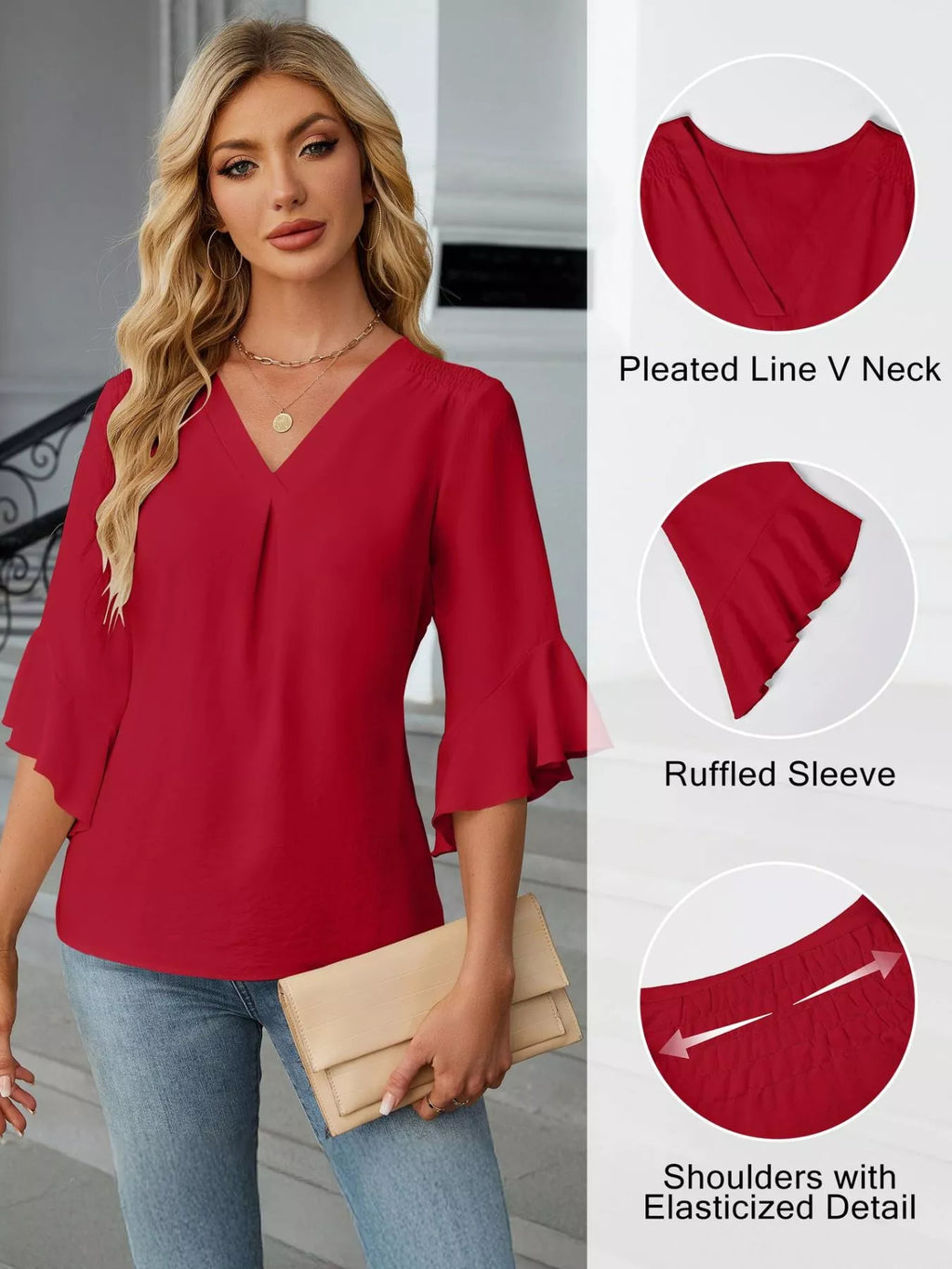 V-Neck Ruffle Sleeve Blouse