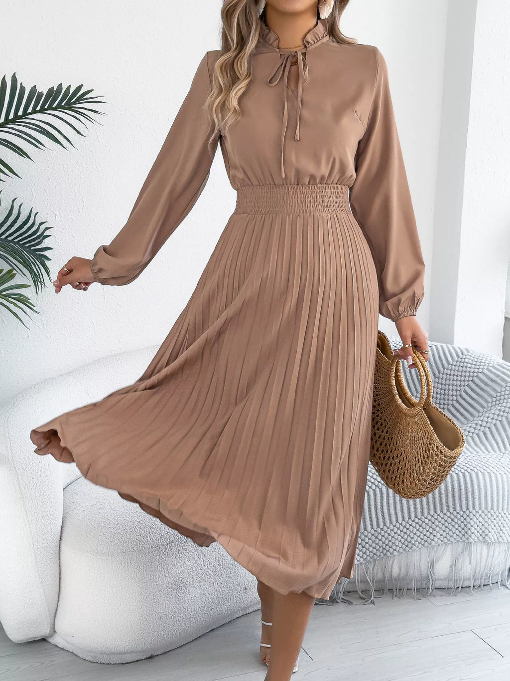 Smocked Pleated Tie Neck Dress