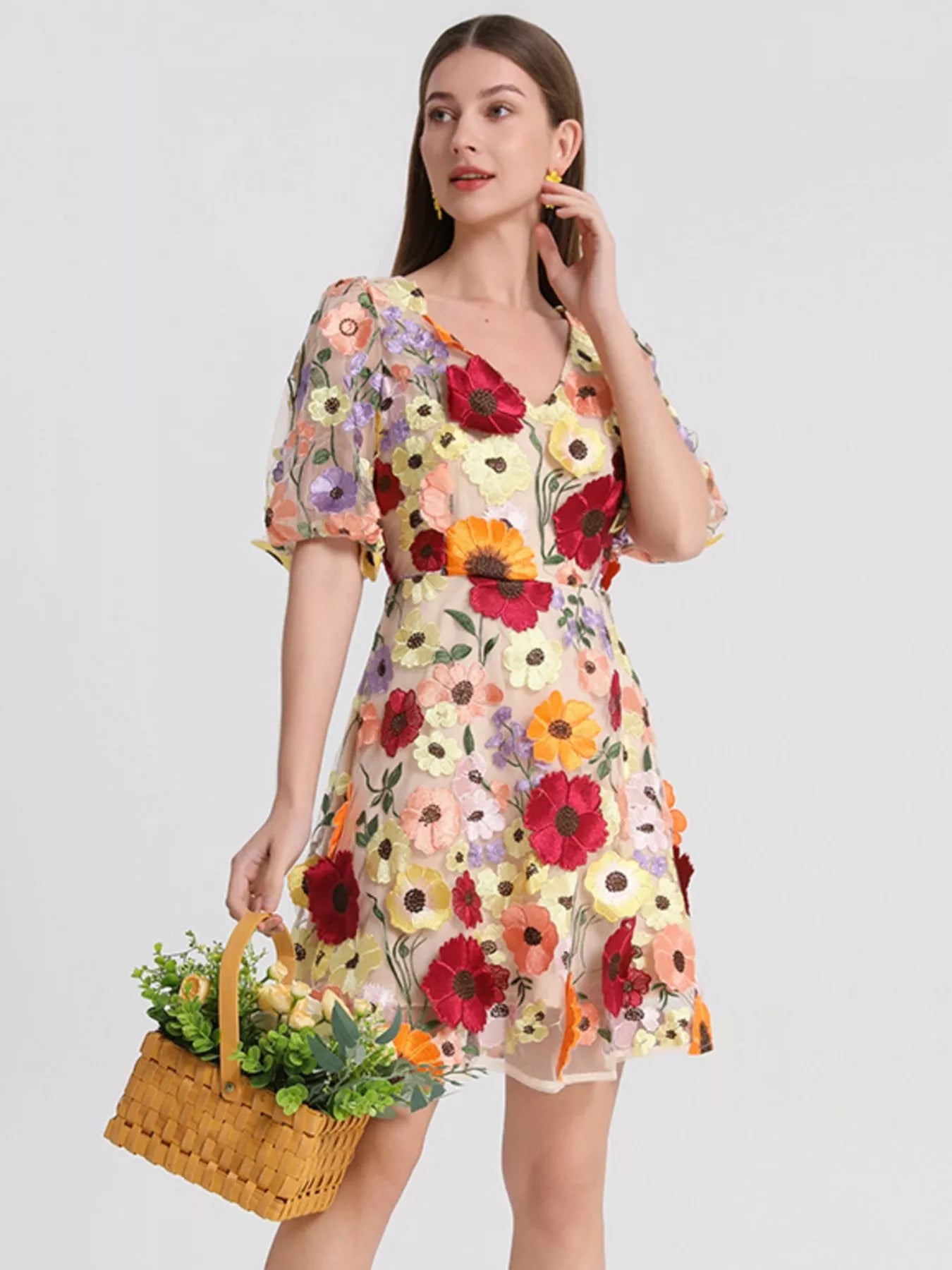Plus Size Embroidered Floral V-Neck Mini Dress