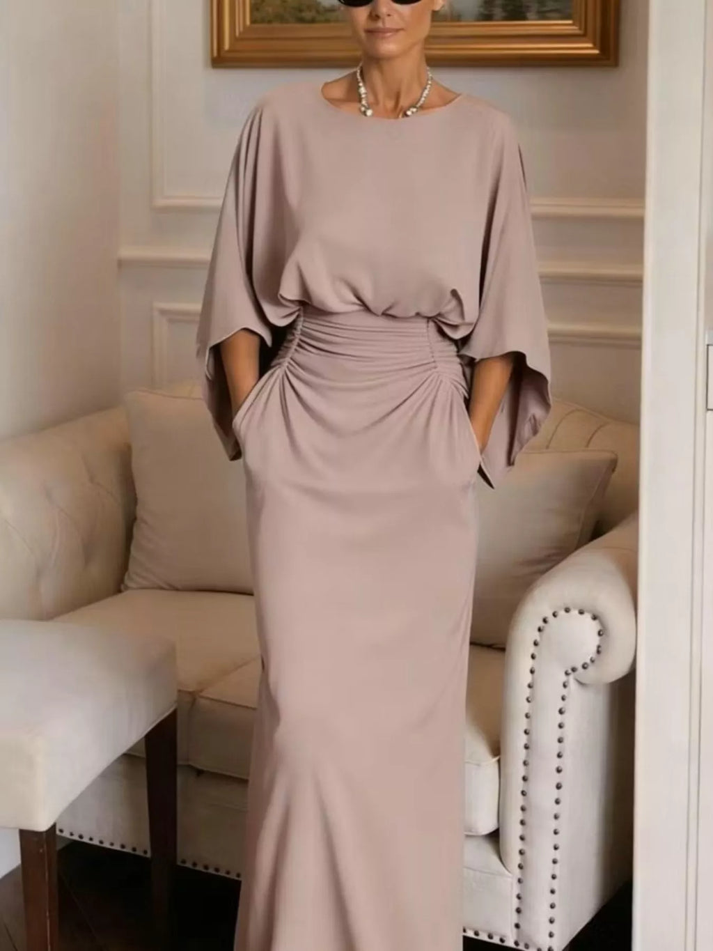 Batwing Sleeve Ruched Maxi Dress
