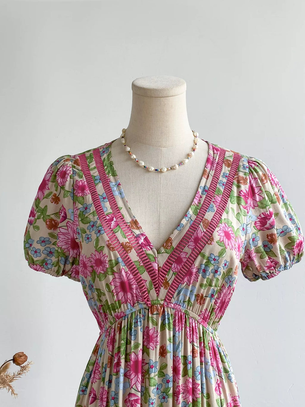 Floral Print V-Neck Puff Sleeve Dress
