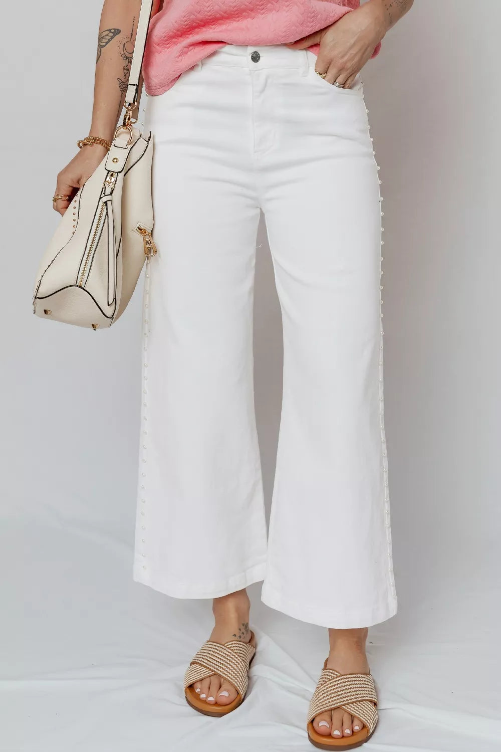 Pearl Embellished Side Seam Ankle-length Shift Jeans