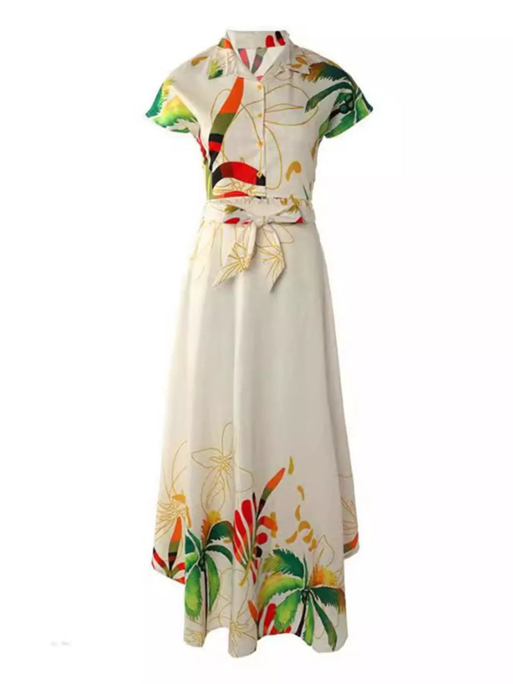 Tropical Print Button-Up Crop Top and Maxi Skirt Set、