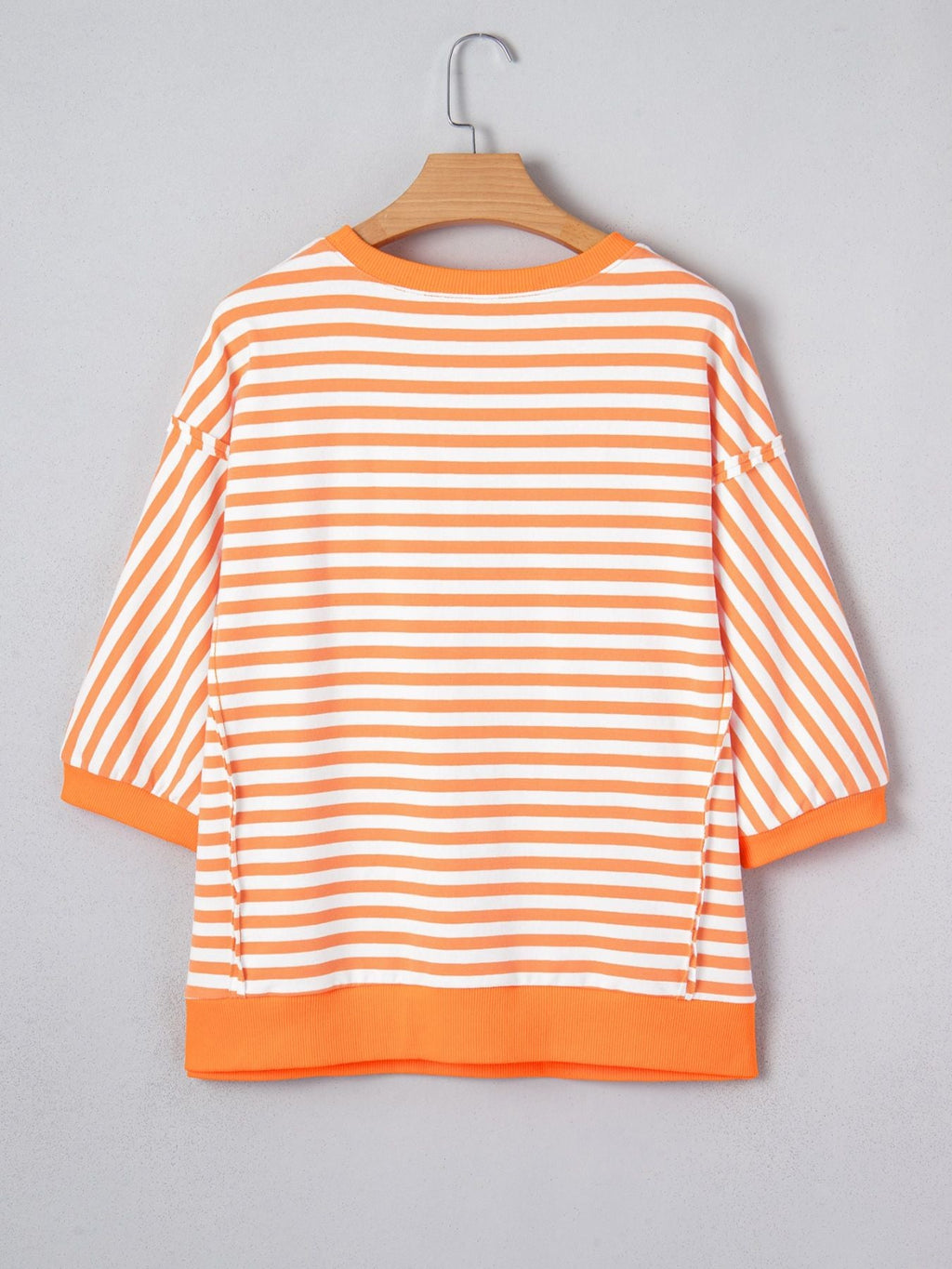 Stripe 3/4 Sleeve Exposed Seam Patchwork Pullover Top