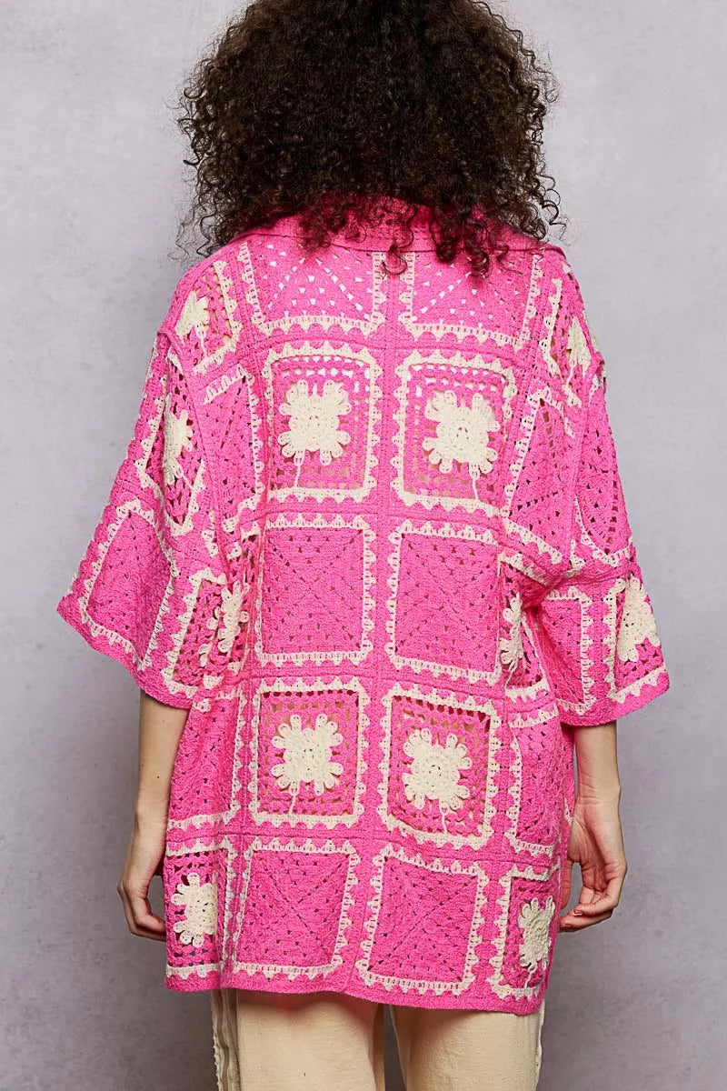 POL Button Down Openwork Floral Crochet Shirt with Granny Square Pattern
