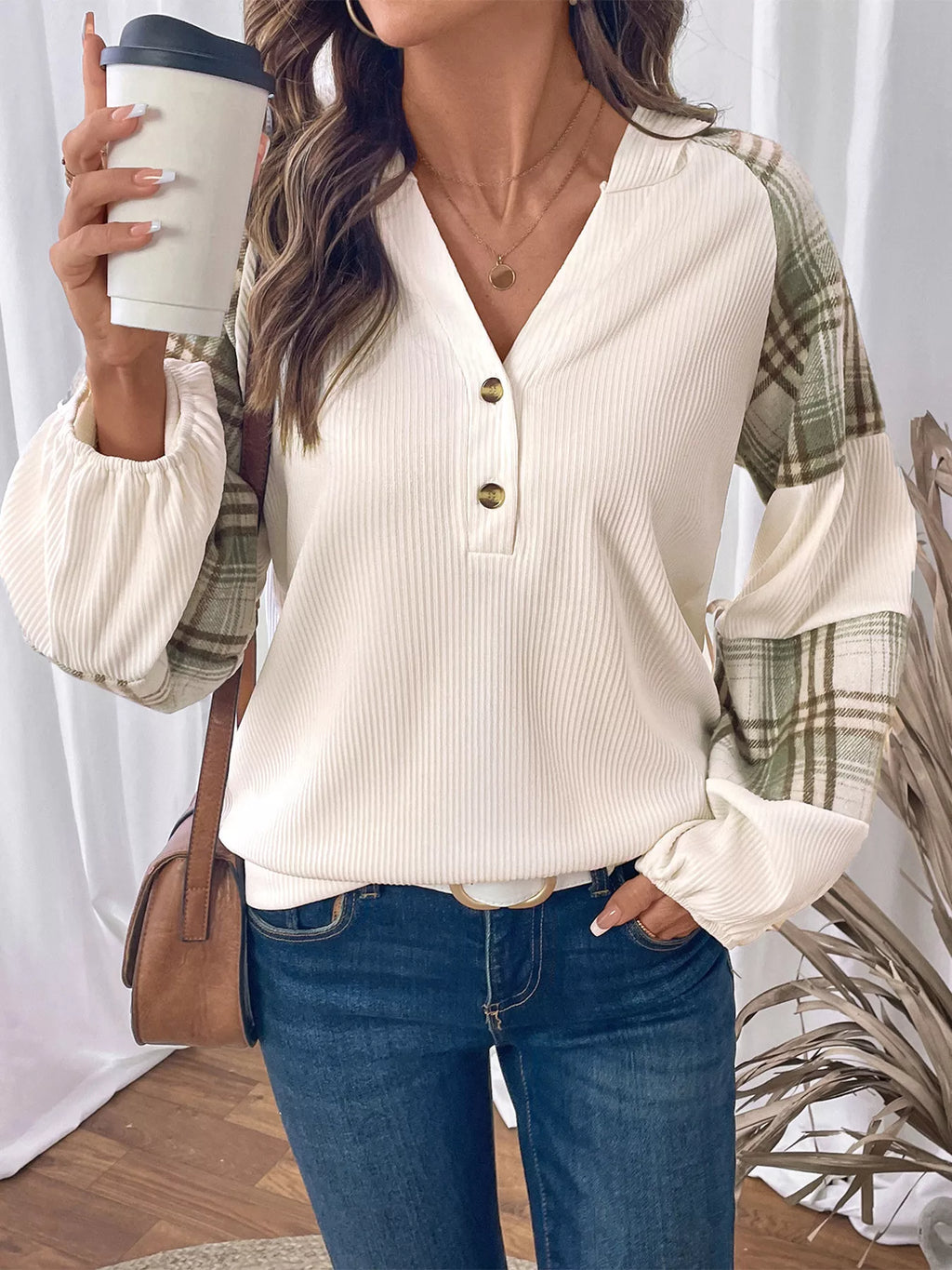 Plaid V-Neck Button Front Sweatshirt