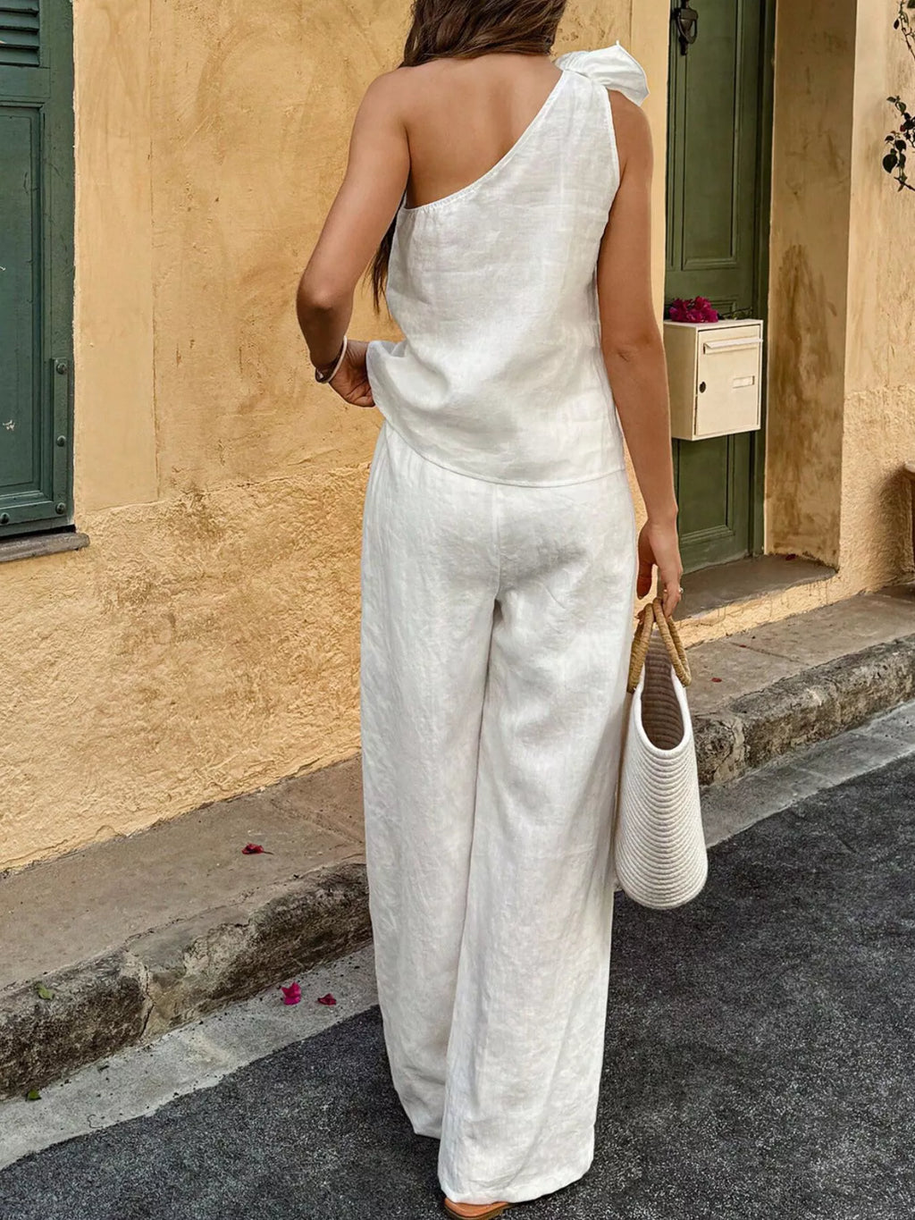 One-Shoulder Floral Embellished Top and Pants Set