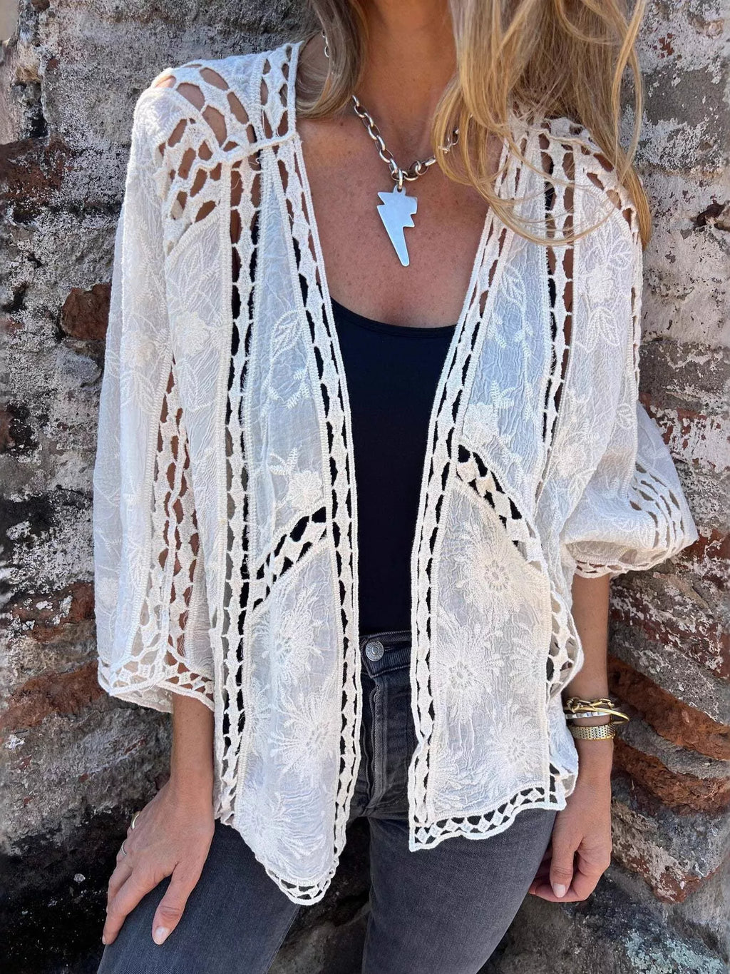 Full Size Embroidered Open Front Cardigan Plus Size