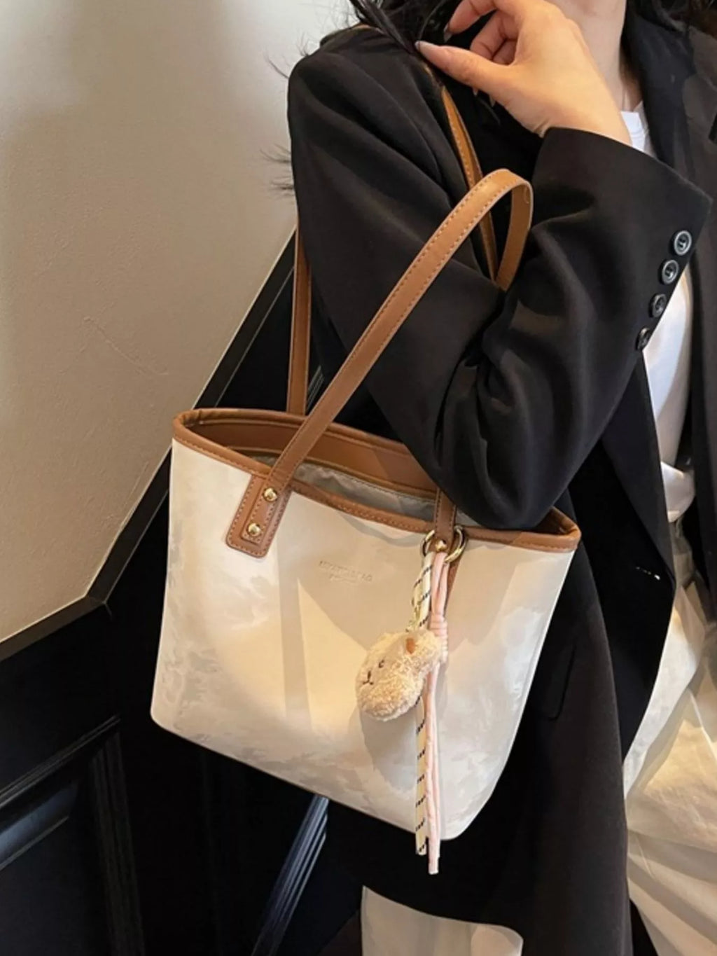 Tote Shoulder Bag with Bear Charm