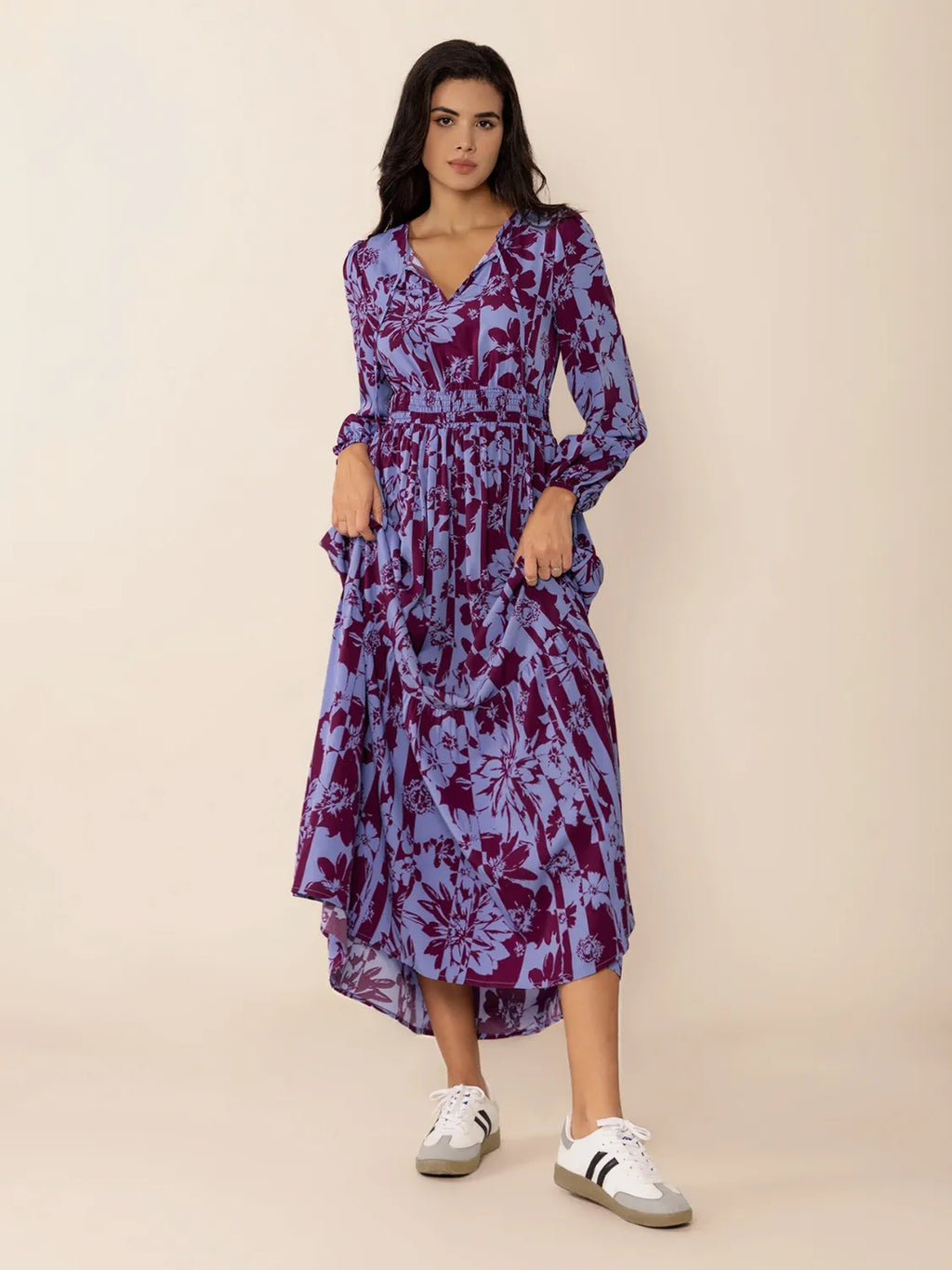 Printed Tie Neck Balloon Sleeve Maxi Dress