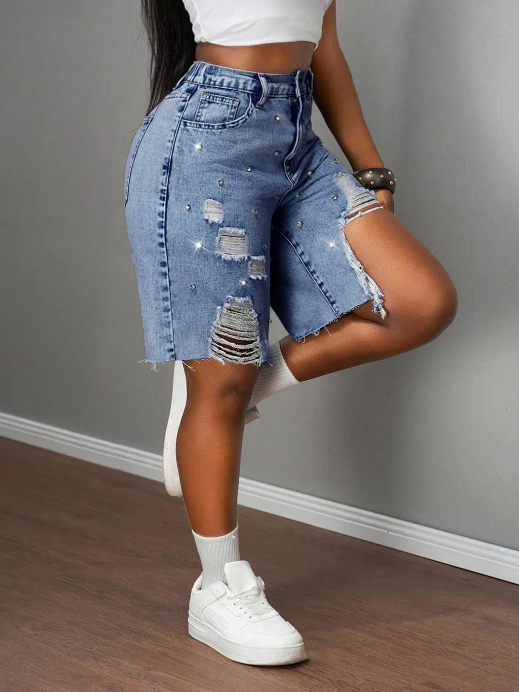 Distressed Rhinestone Denim Shorts