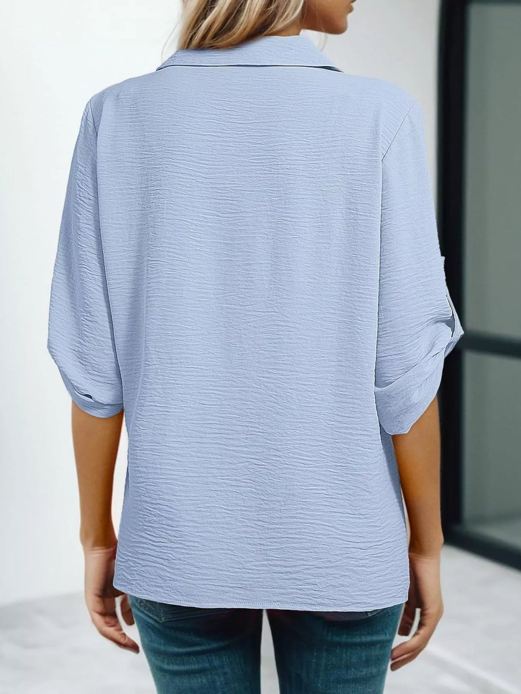 Johnny Collar Roll-Up Sleeve Blouse