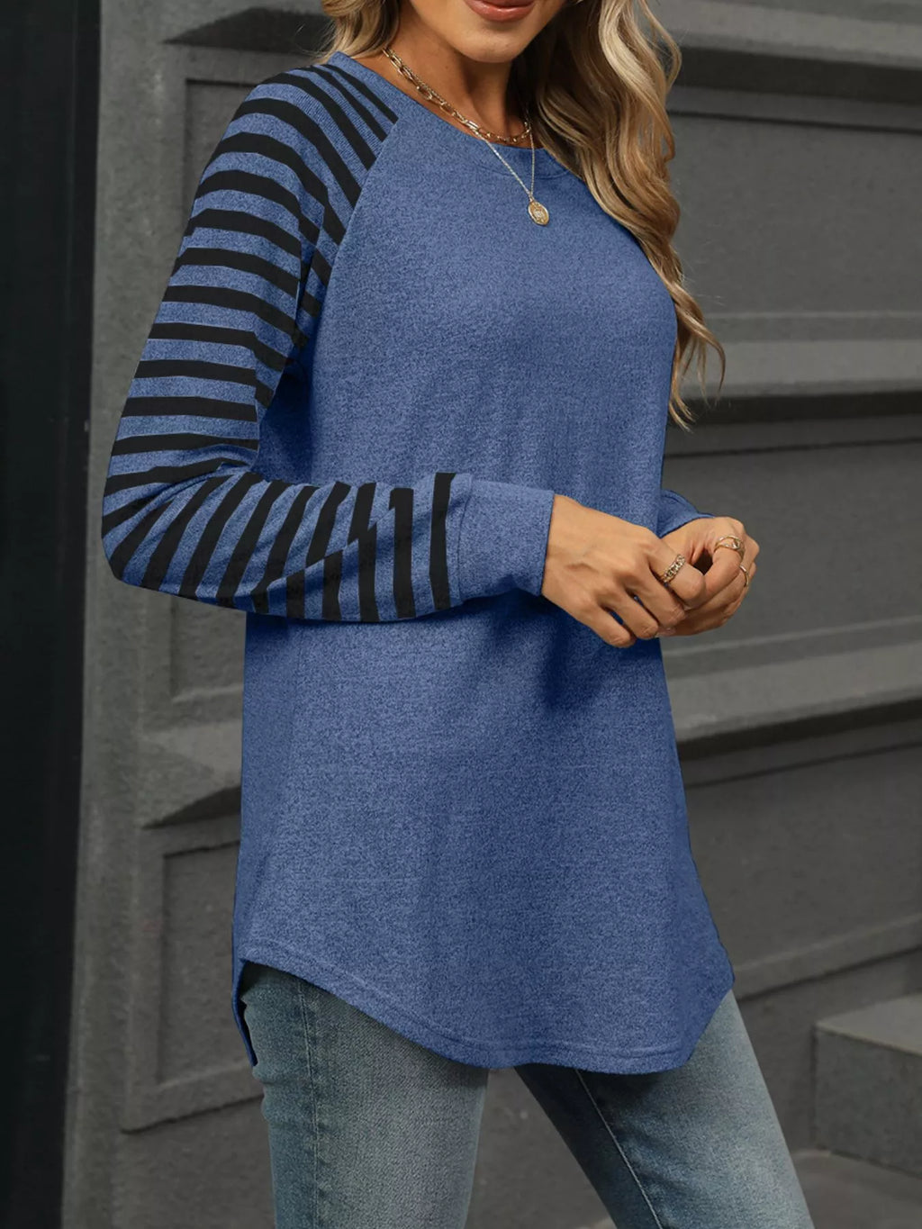 Striped Round Neck Raglan Sleeve T-Shirt