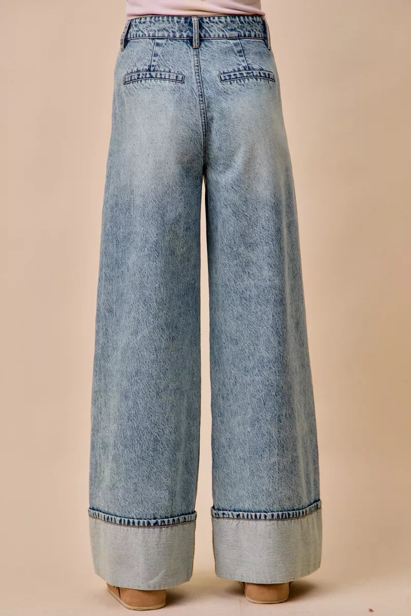 SO ME Mid Rise Plated Wid Leg Denim Jean