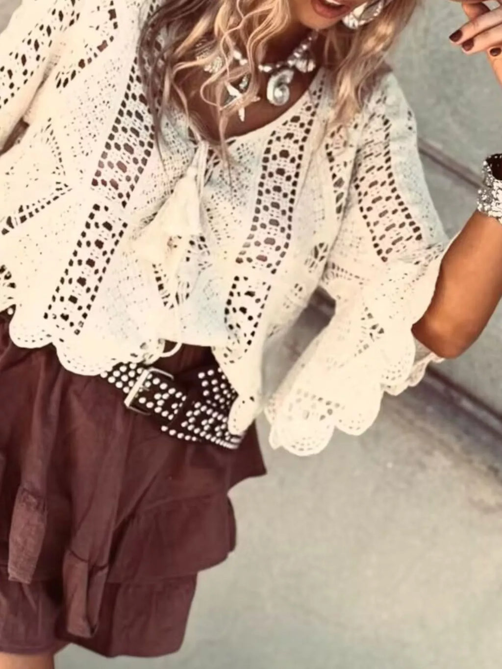 Tassel V-Neck Crochet Knit Top