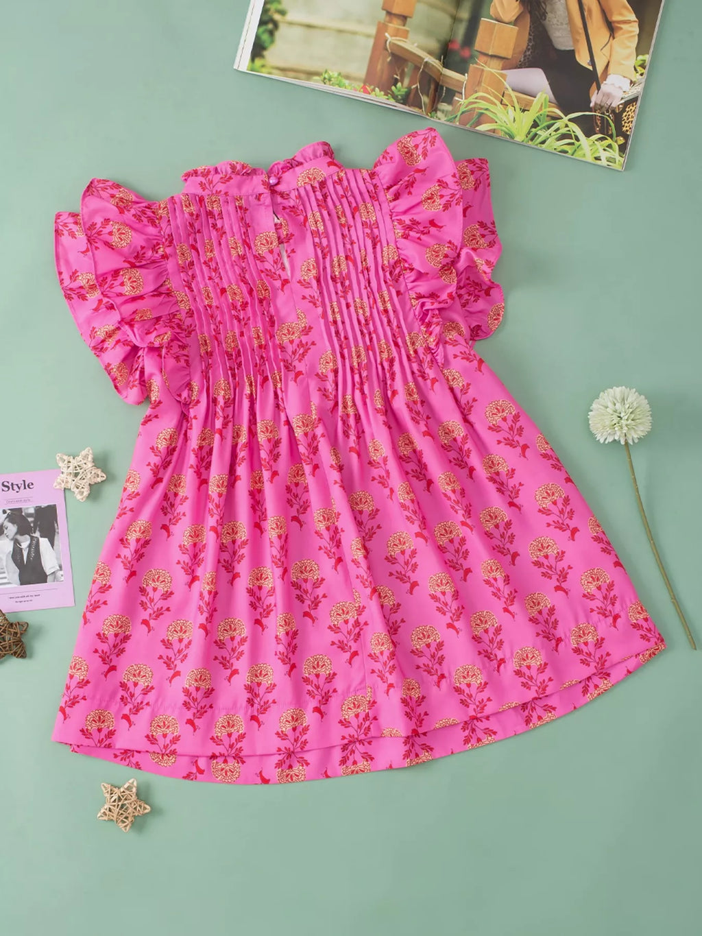 Floral Print Pleated Ruffled Flutter Sleeve Blouse