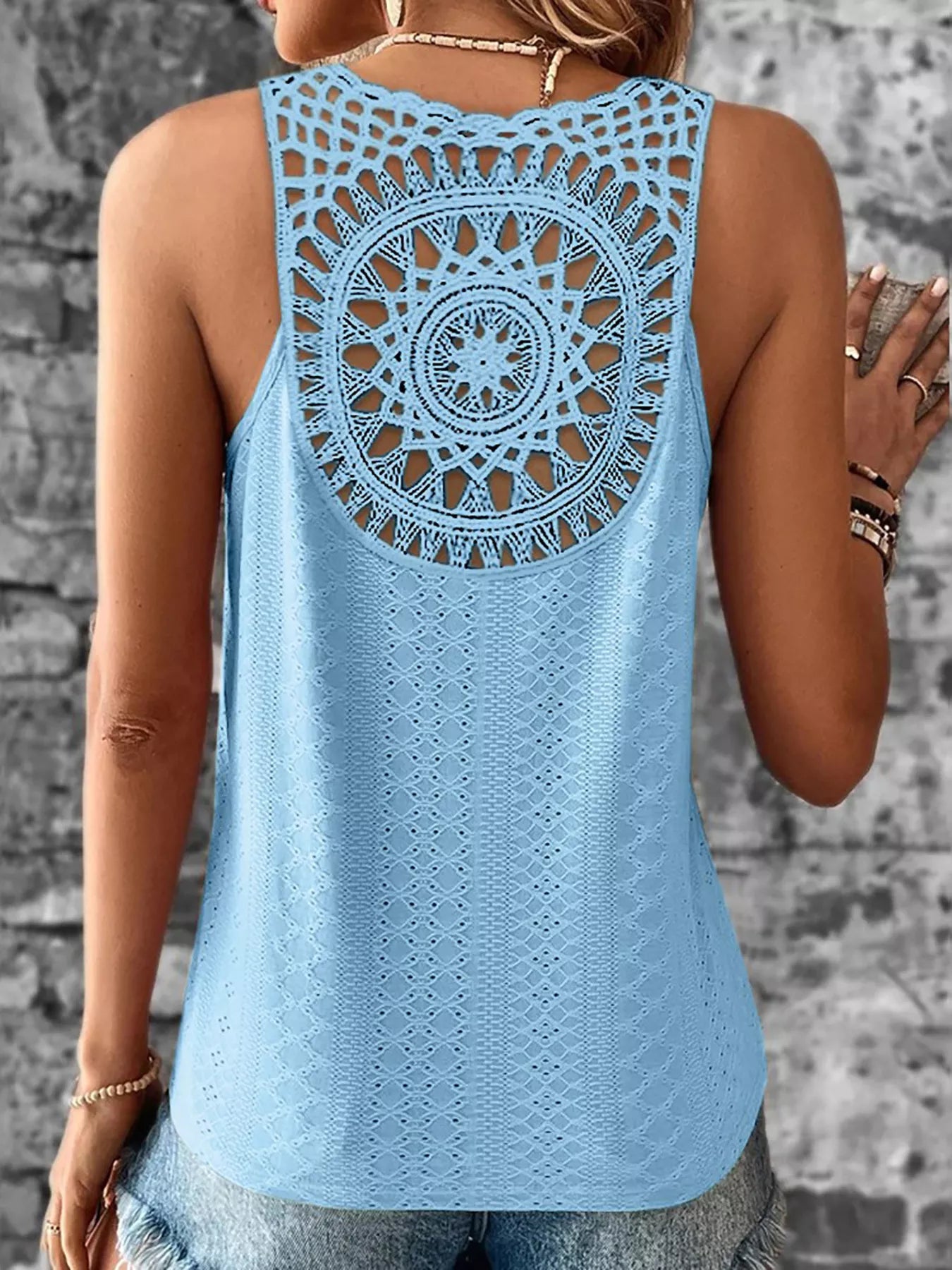 Eyelet Lace Trim V-Neck Tank Top