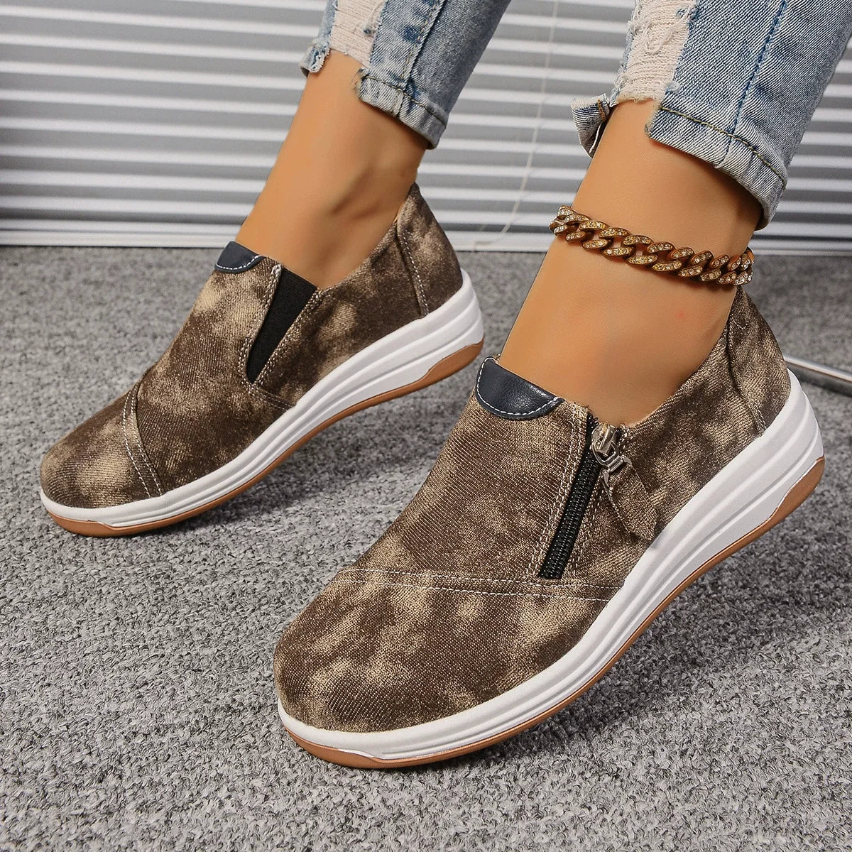 Zip Detail Round Toe Slip-Ons