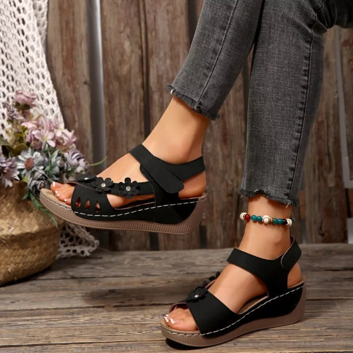 Floral Embellished Wedge Sandals