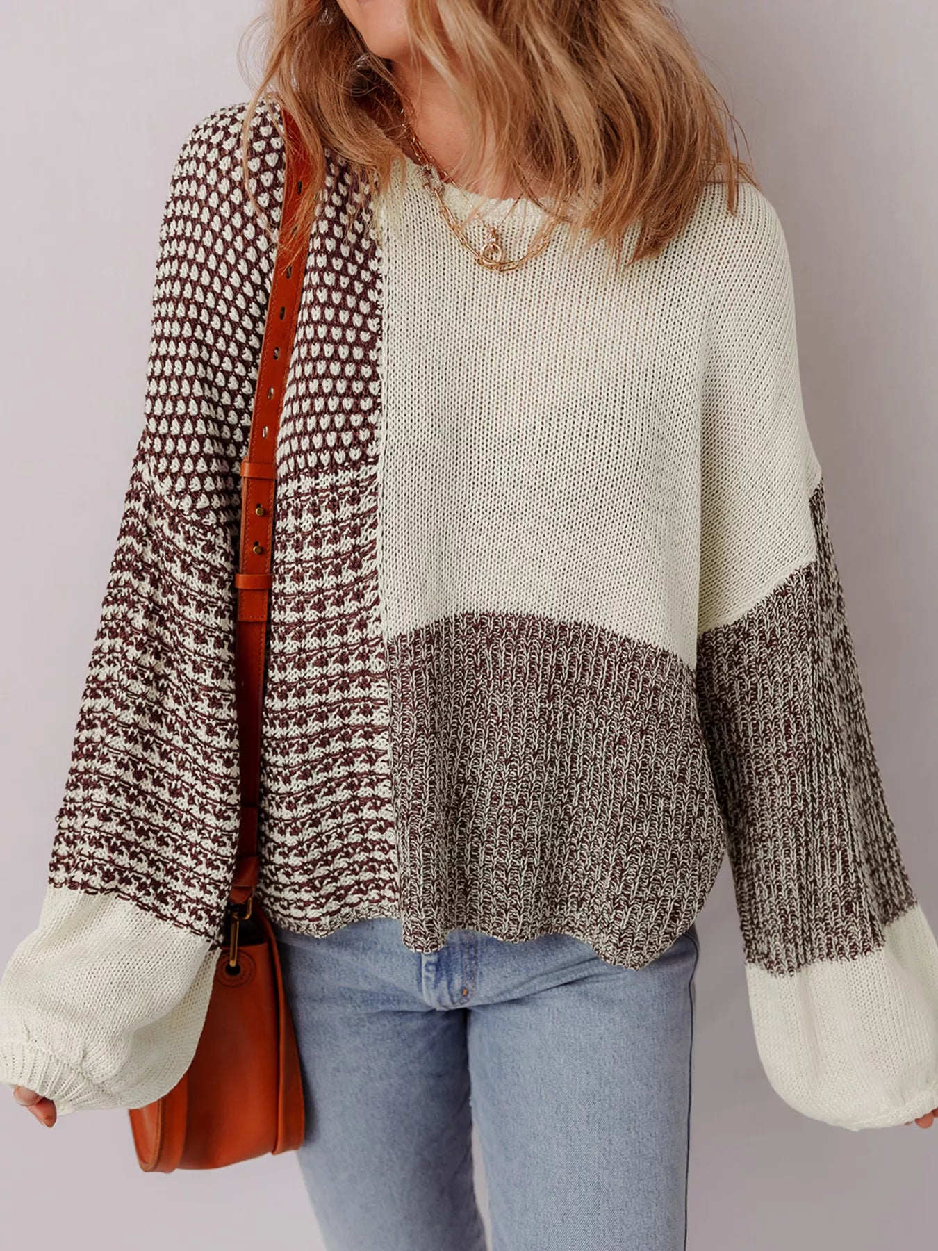 Color Block Back Tie Drop Shoulder Loose Sweater