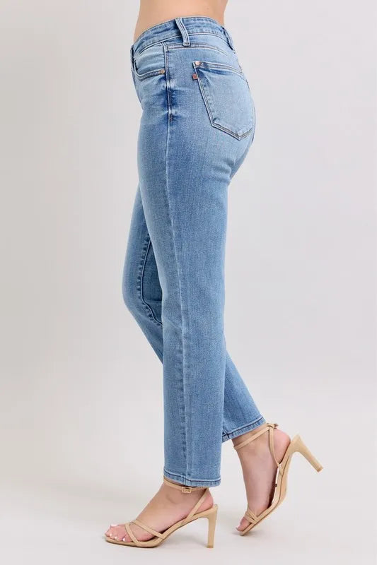 Judy Blue Full Size Mid Rise Vintage Wash Slim Jeans with Cell Phone Pocket Plus Size