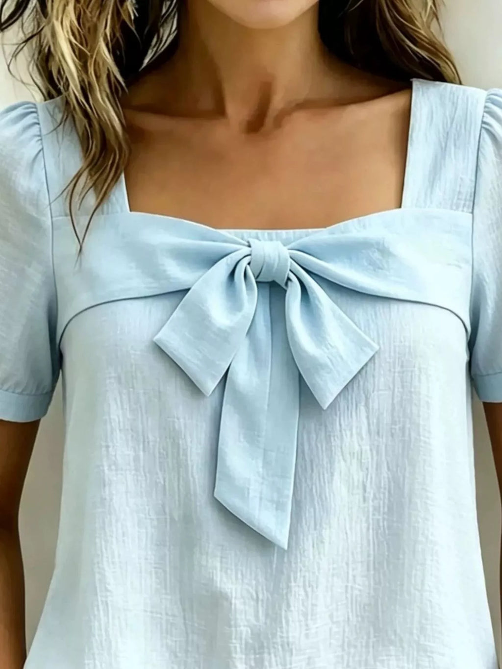 Bow Tie Square Neck Puff Sleeve Blouse