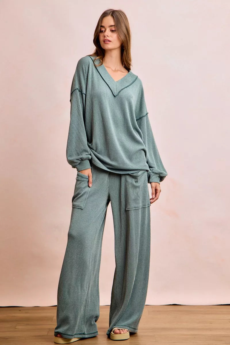 BiBi Two Tone Cord Rib Contrast Stitching V-Neck Top and Pants Set