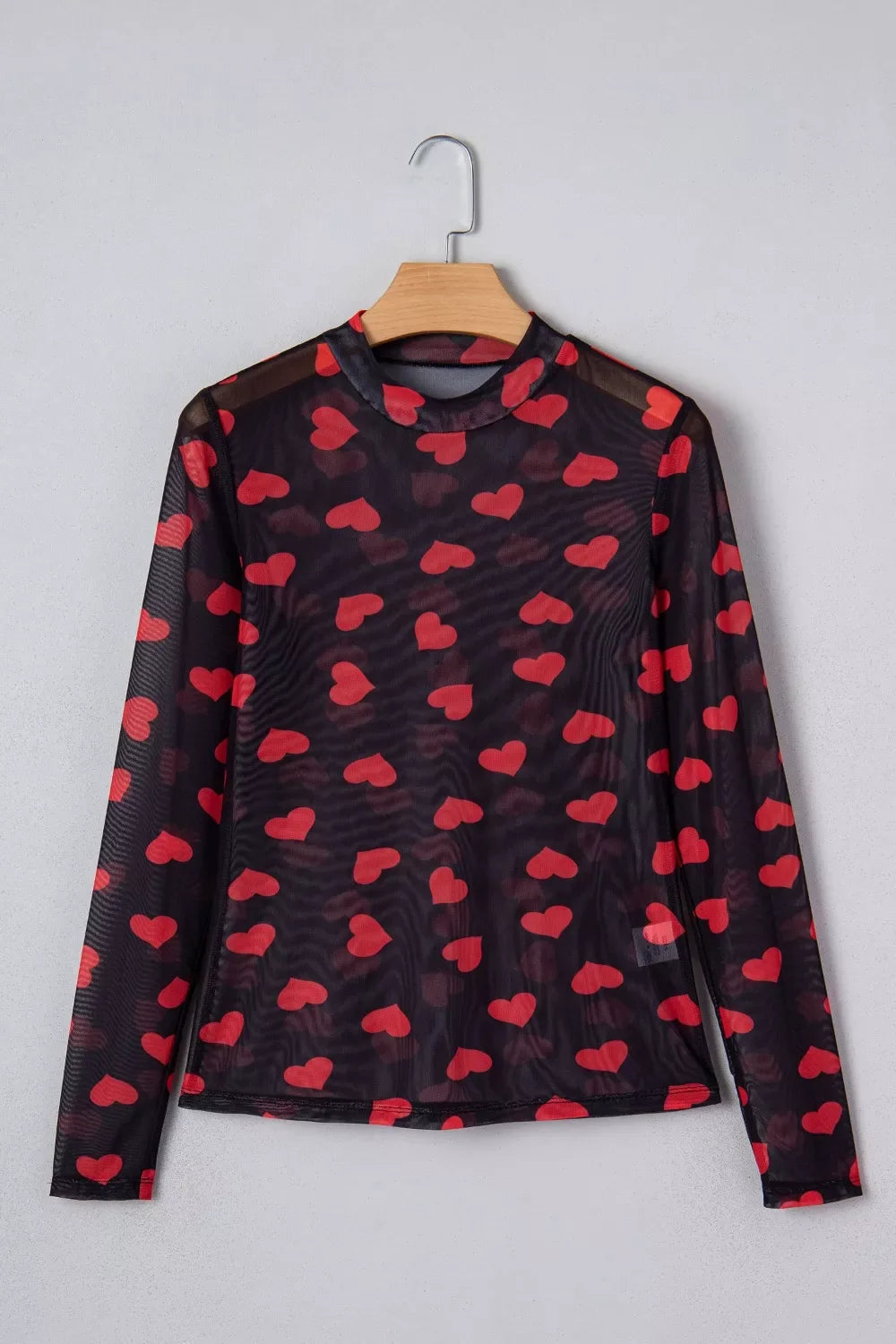 Valentines Heart Printed Sheer Mesh Long Sleeve Top