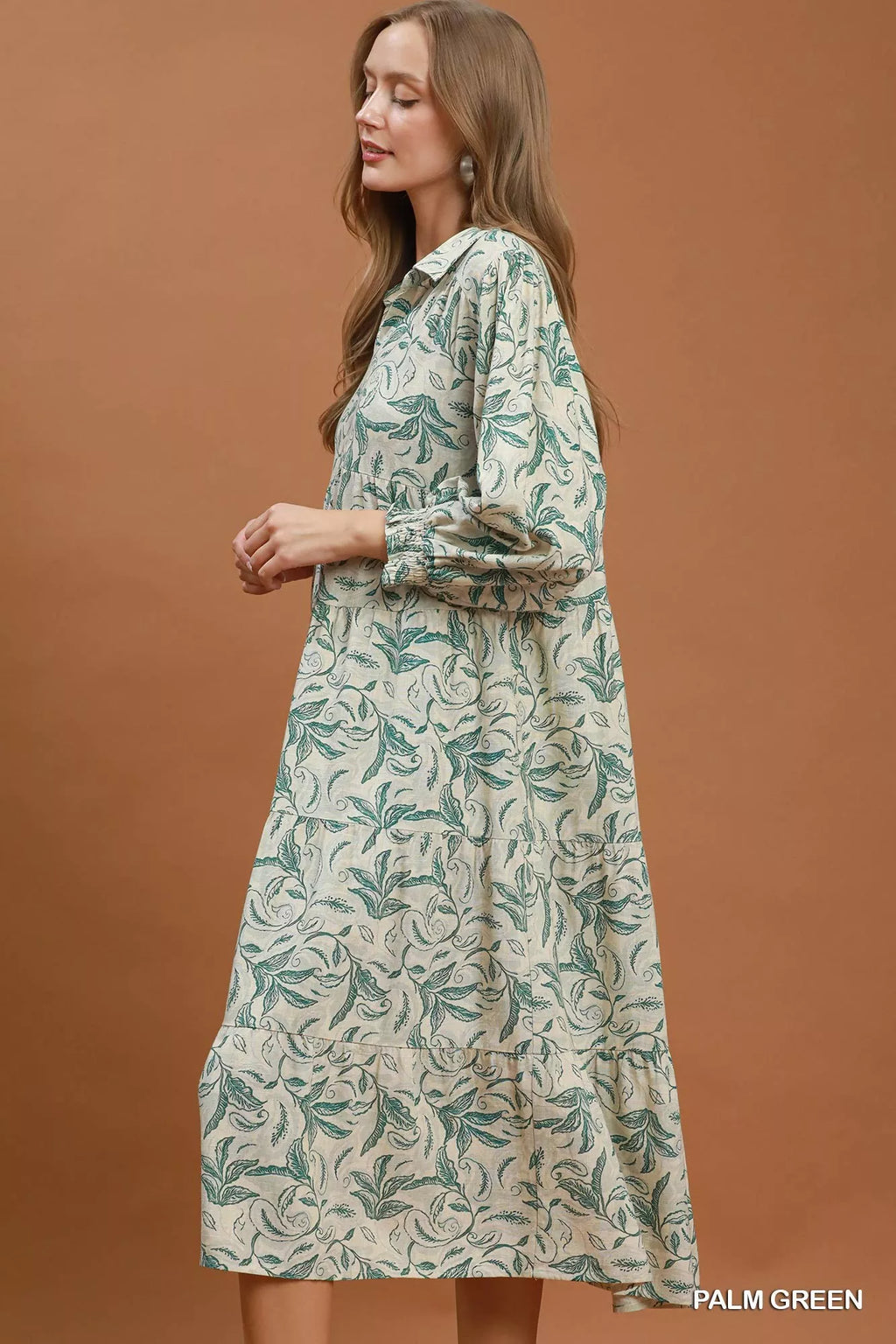 Umgee Linen Botanical Print Tiered Midi Dress