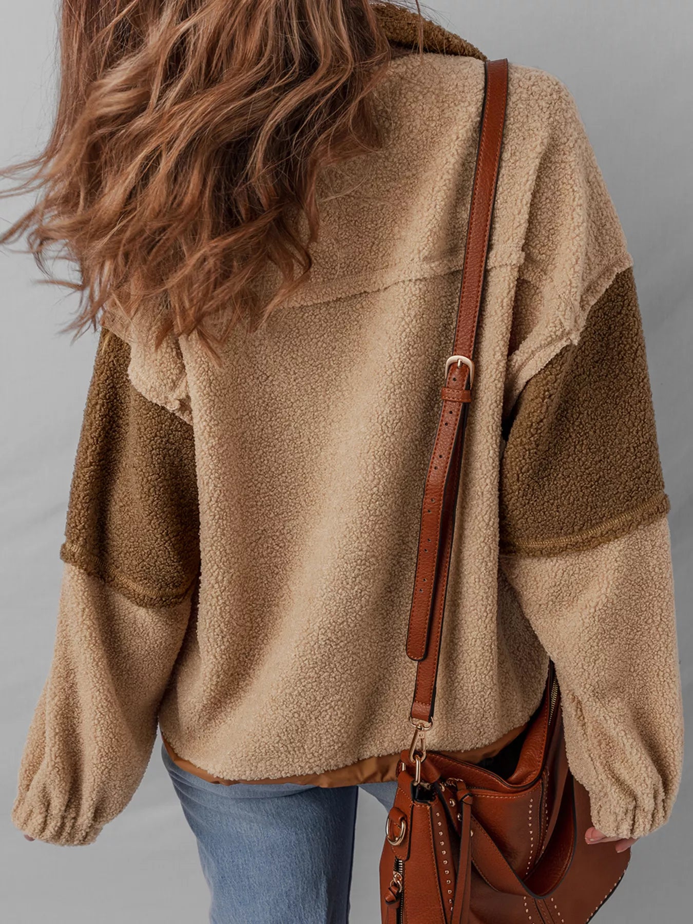 Color Block Patchwork Half Button Sherpa Sweatshirt