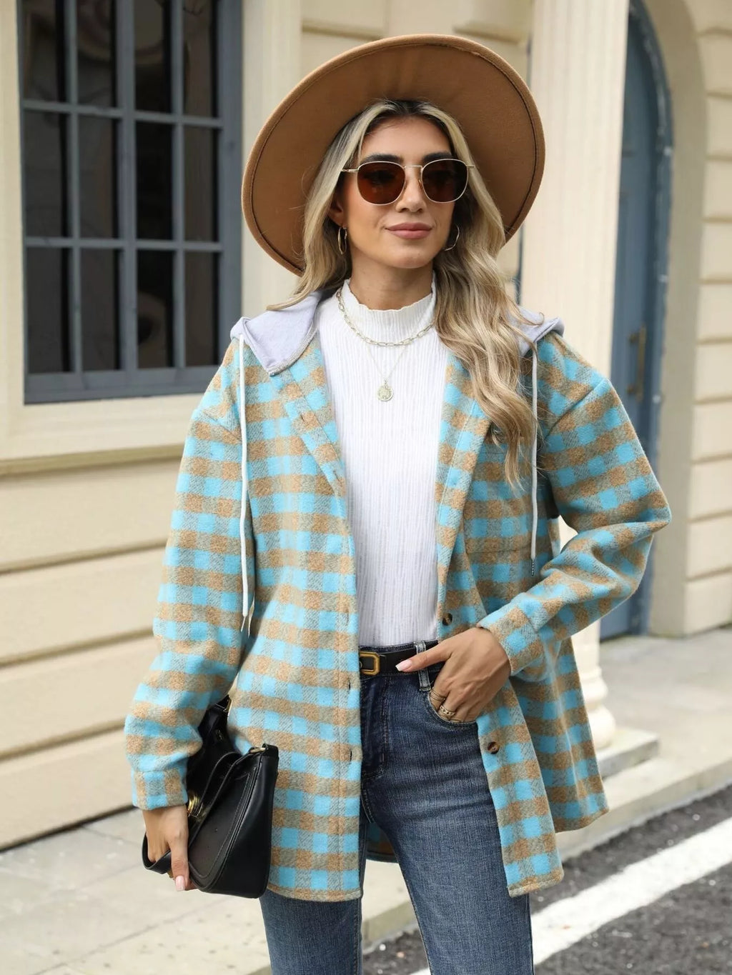 Plaid Button Up Long Sleeve Drawstring Hooded Jacket